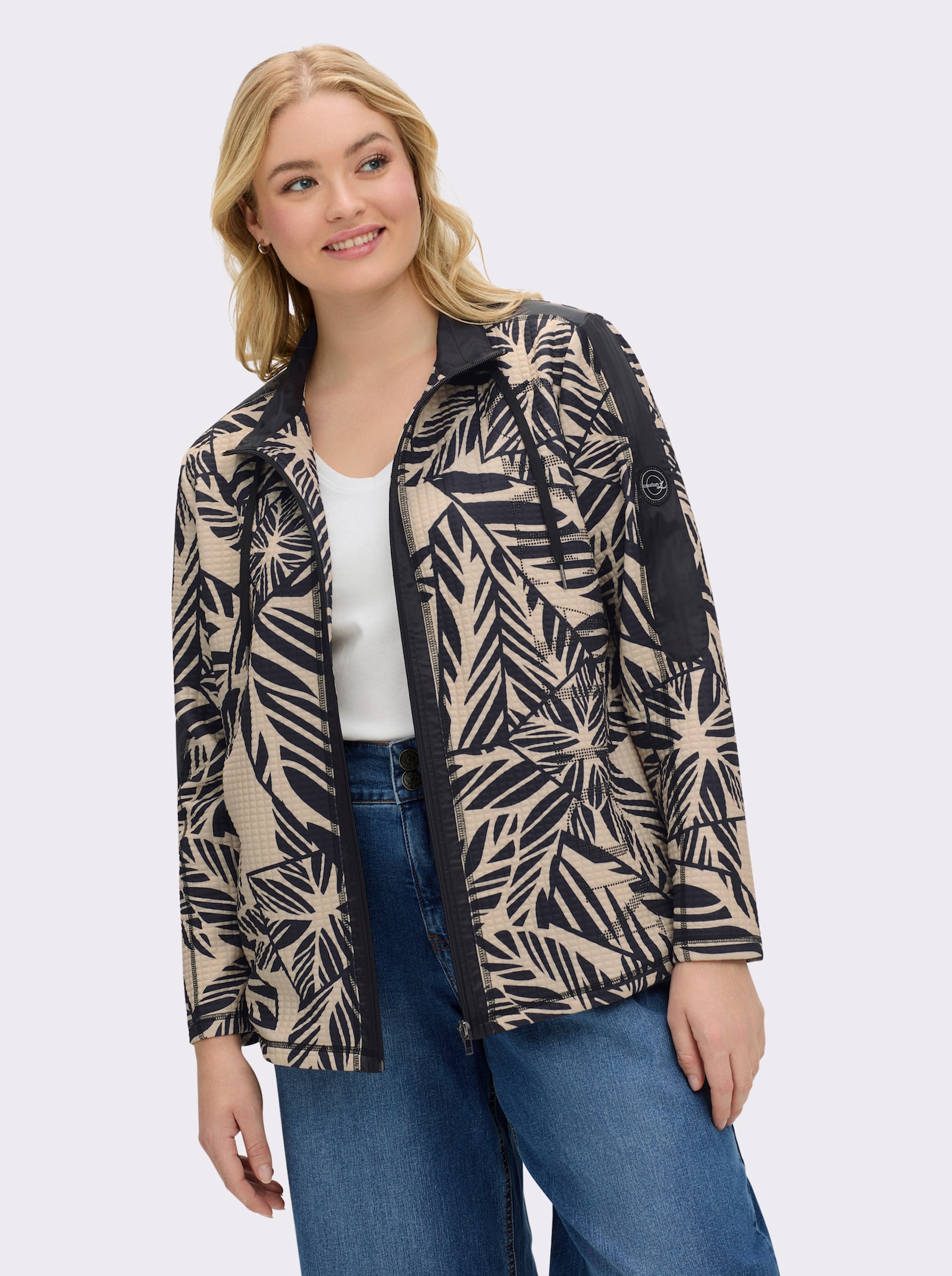 Shirtjacke in Struktur-Qualität, bedruckt - schwarz-sand