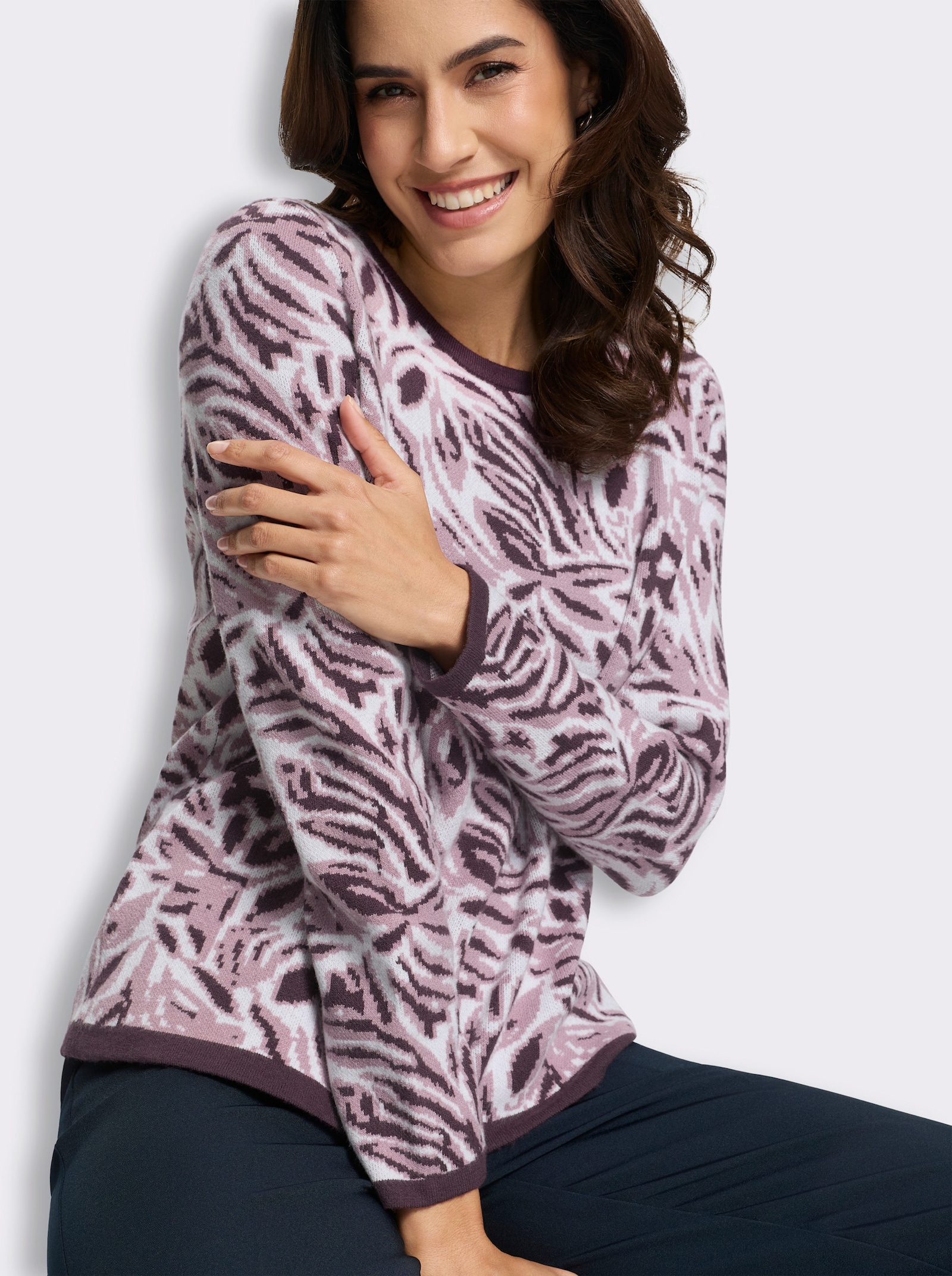 Jacquard-Pullover mit floralem Muster - aubergine-ecru-gemustert