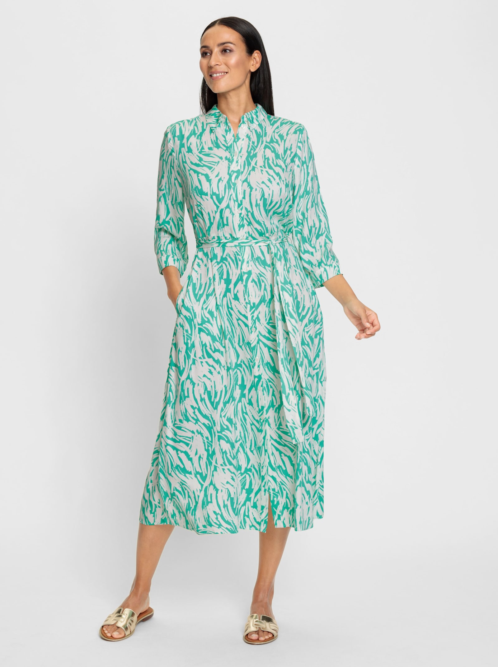 heine Druckkleid mit Bindegürtel - blaugrün-weiß-bedruckt