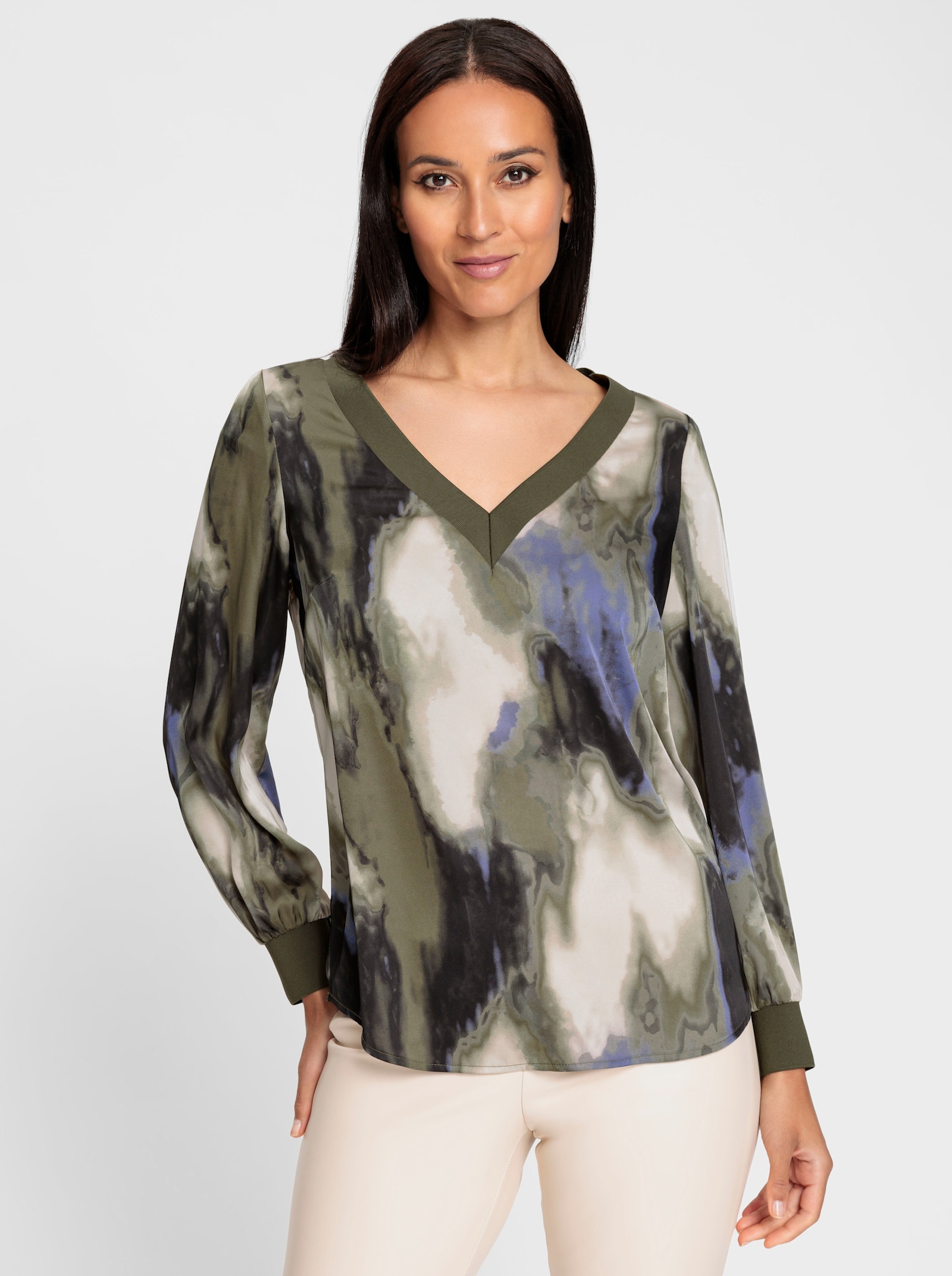 heine Schlupf-Bluse mit Jersey-Abschlüssen - khaki-sand-bedruckt