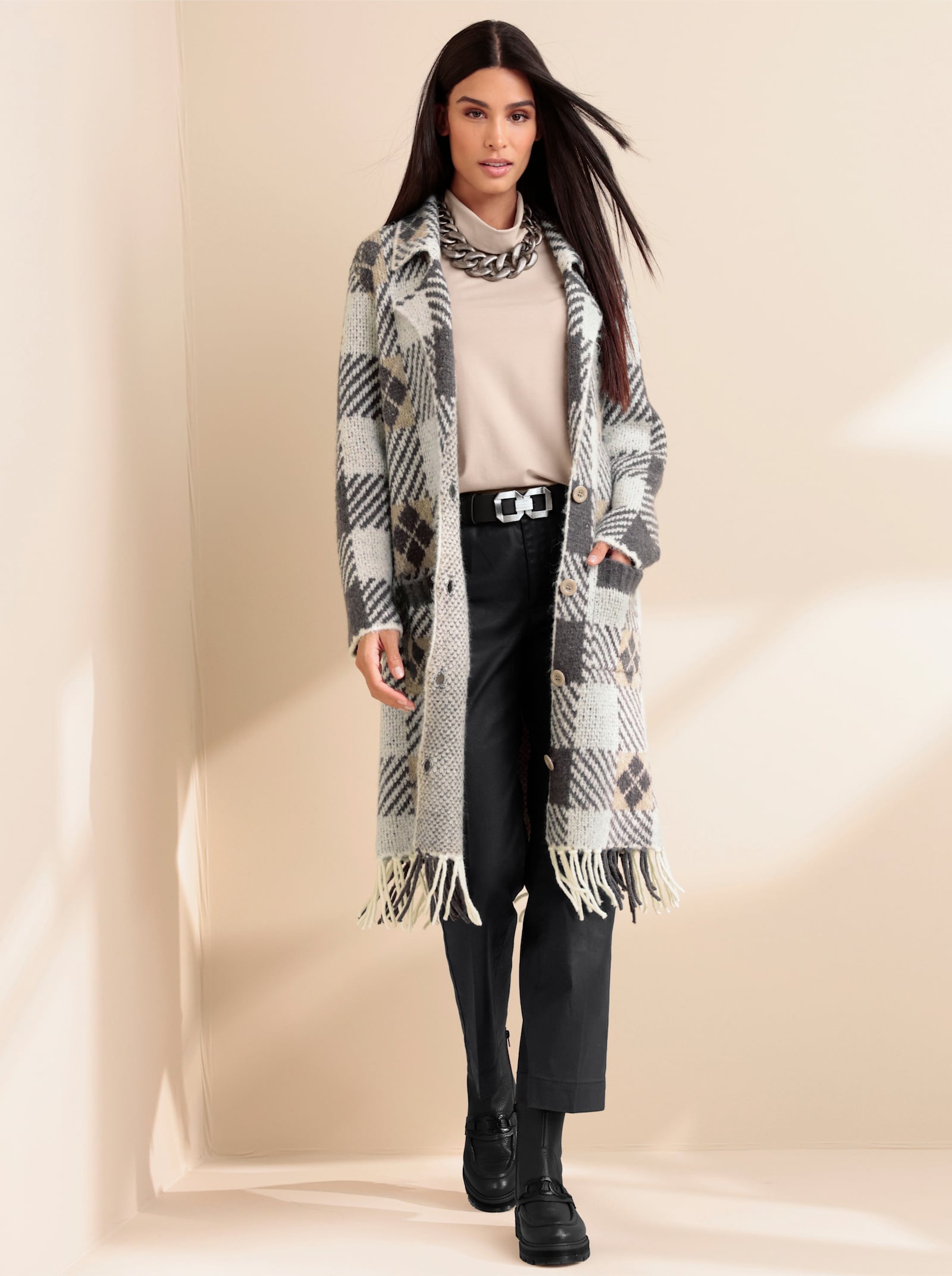 heine Jacquardstrickjacke mit Fransen - ecru-sesam-gemustert