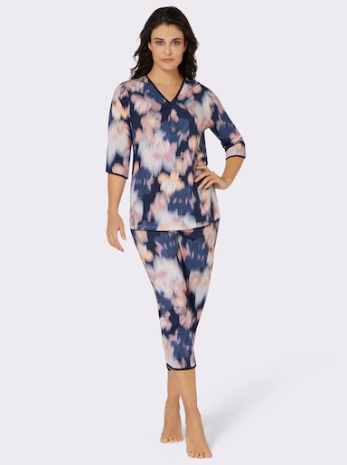 wäschepur Schlafanzug mit Satin-Paspel - marine-hellrosé-bedruckt