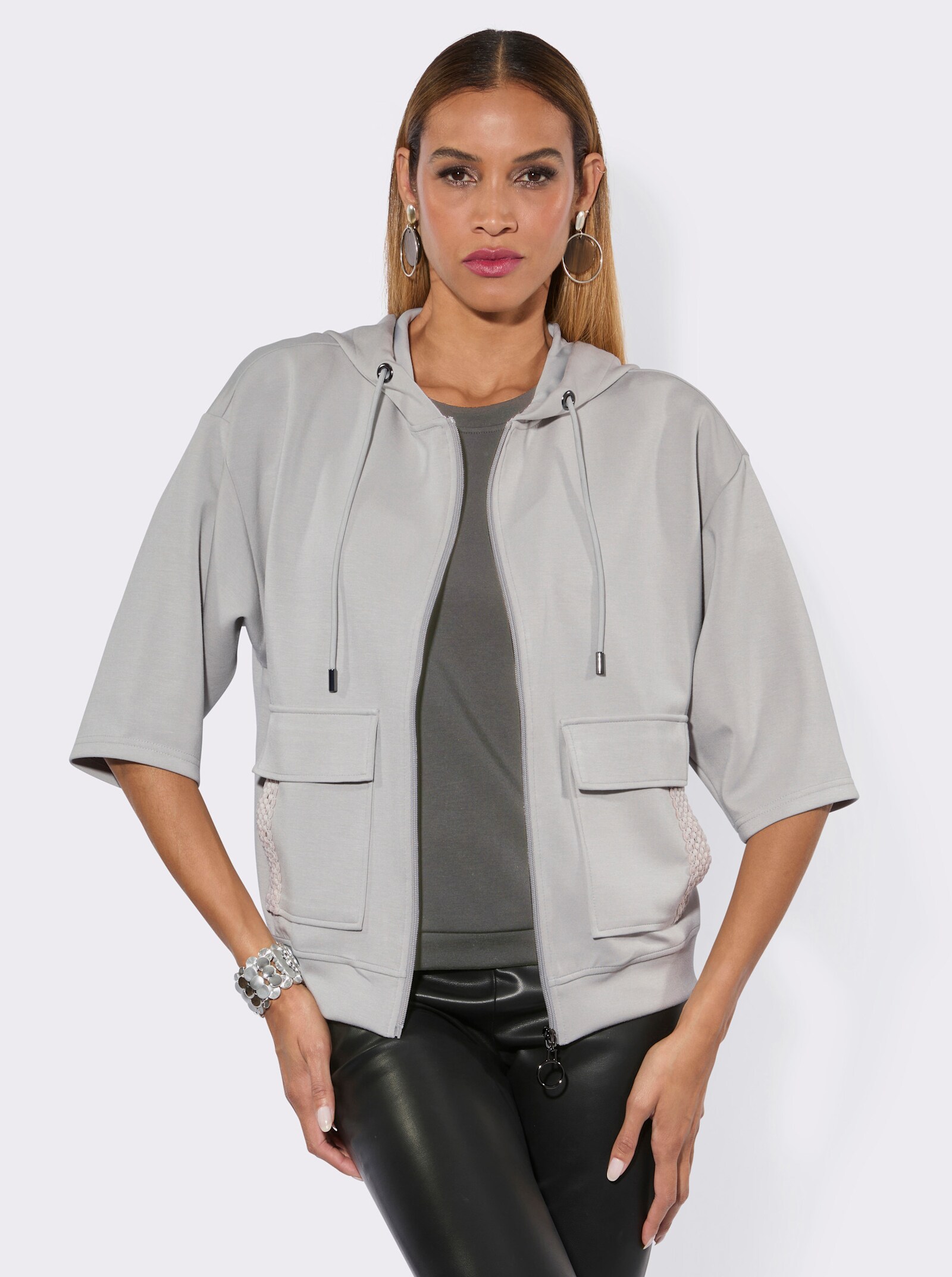 Sweatjacke mit Spitzen-Verzierung - hellgrau