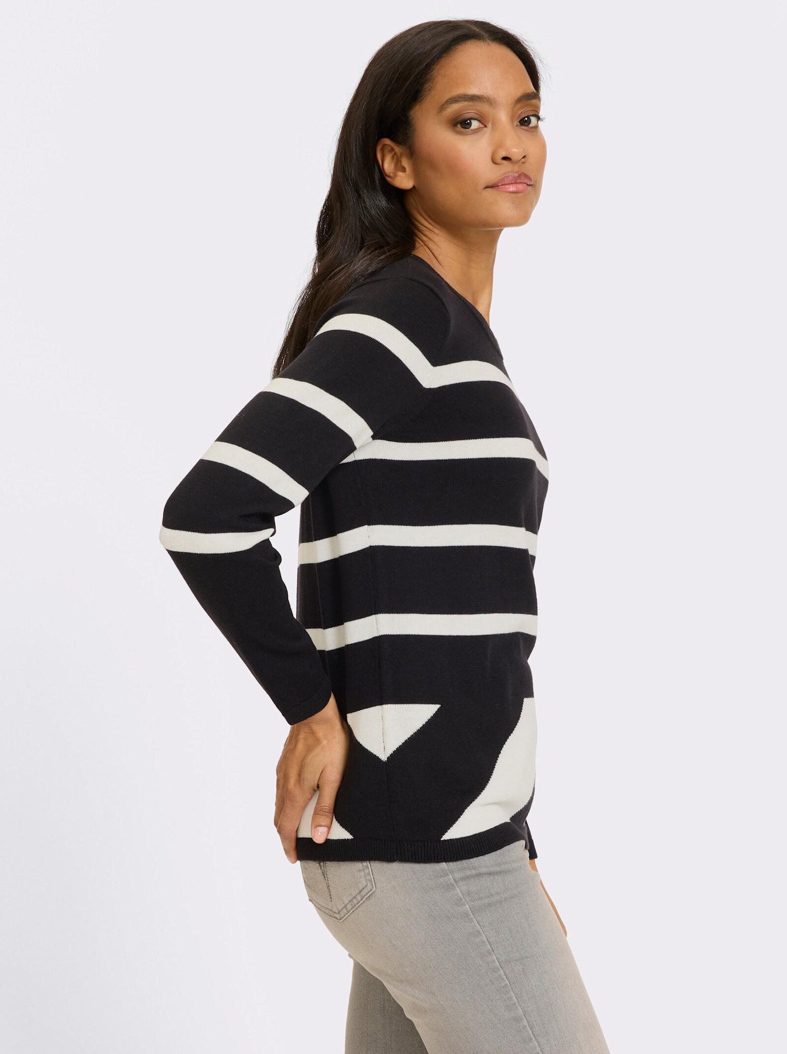 heine Pullover mit Rippenbündchen - schwarz-ecru-gemustert