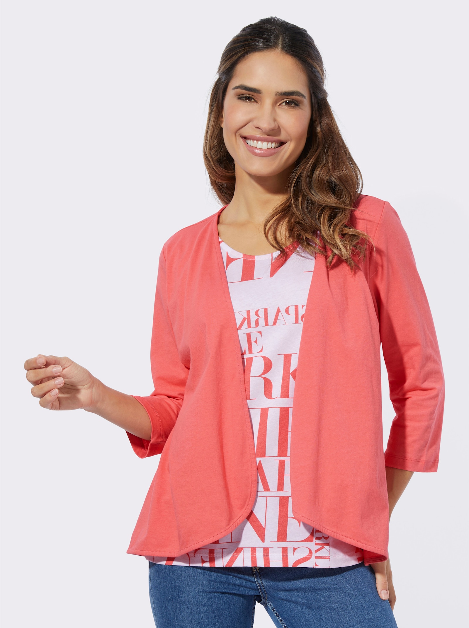 Tričko 2 v 1 s 3/4 rukávy - korálová-bílá