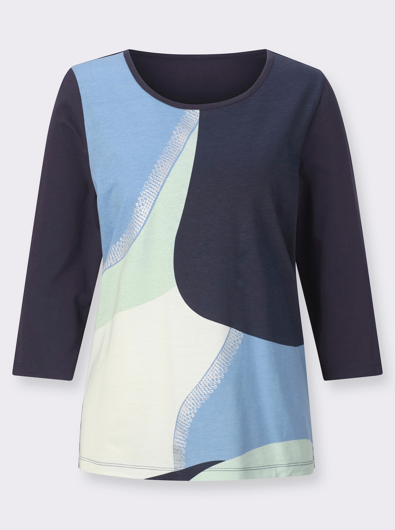 Tričko s 3/4 rukávem a fóliovým potiskem - ecru-nebesky modrá-potisk