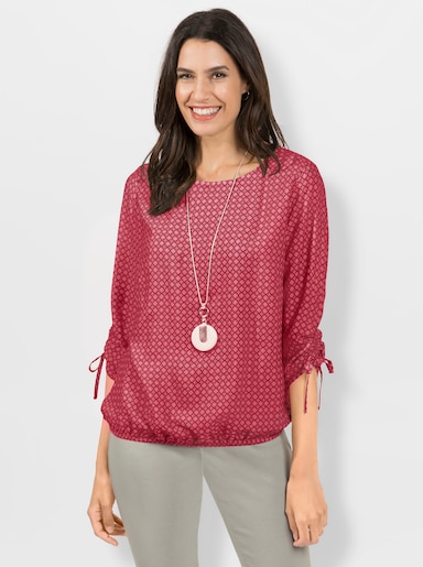 Schlupfbluse mit U-Boot-Ausschnitt, dezent schimmernd - rot-flamingo-bedruckt