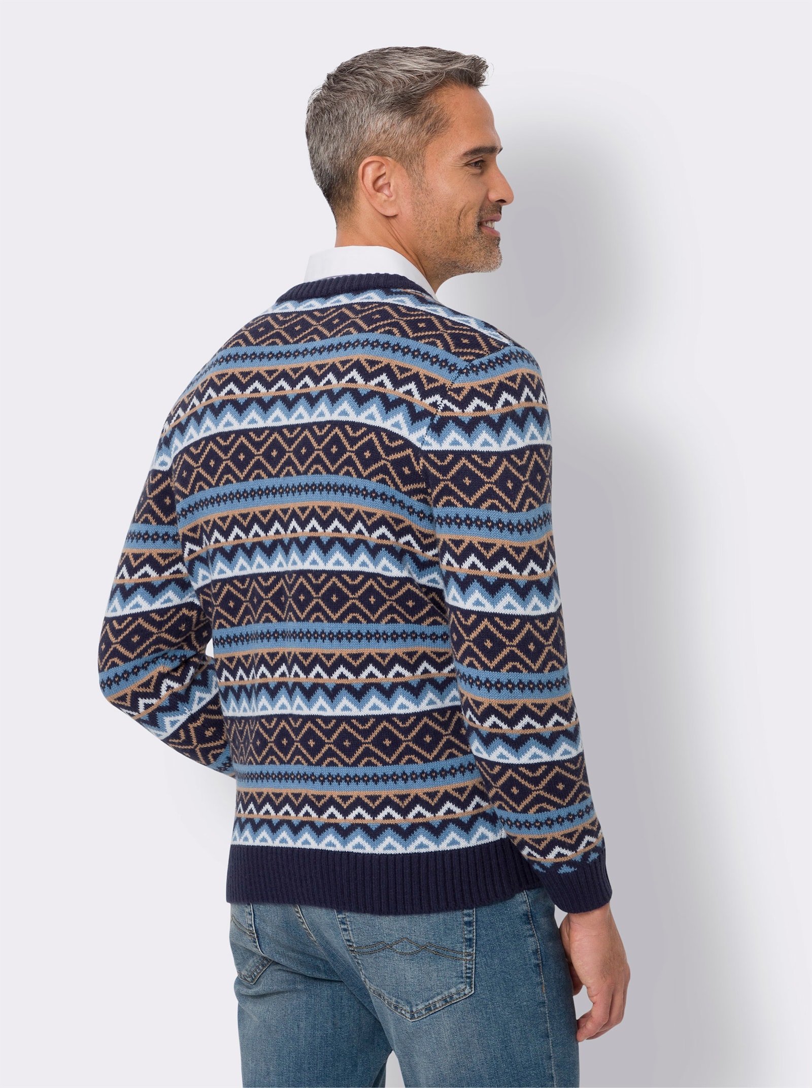Pullover met V-hals en grafisch breipatroon - marine gedessineerd