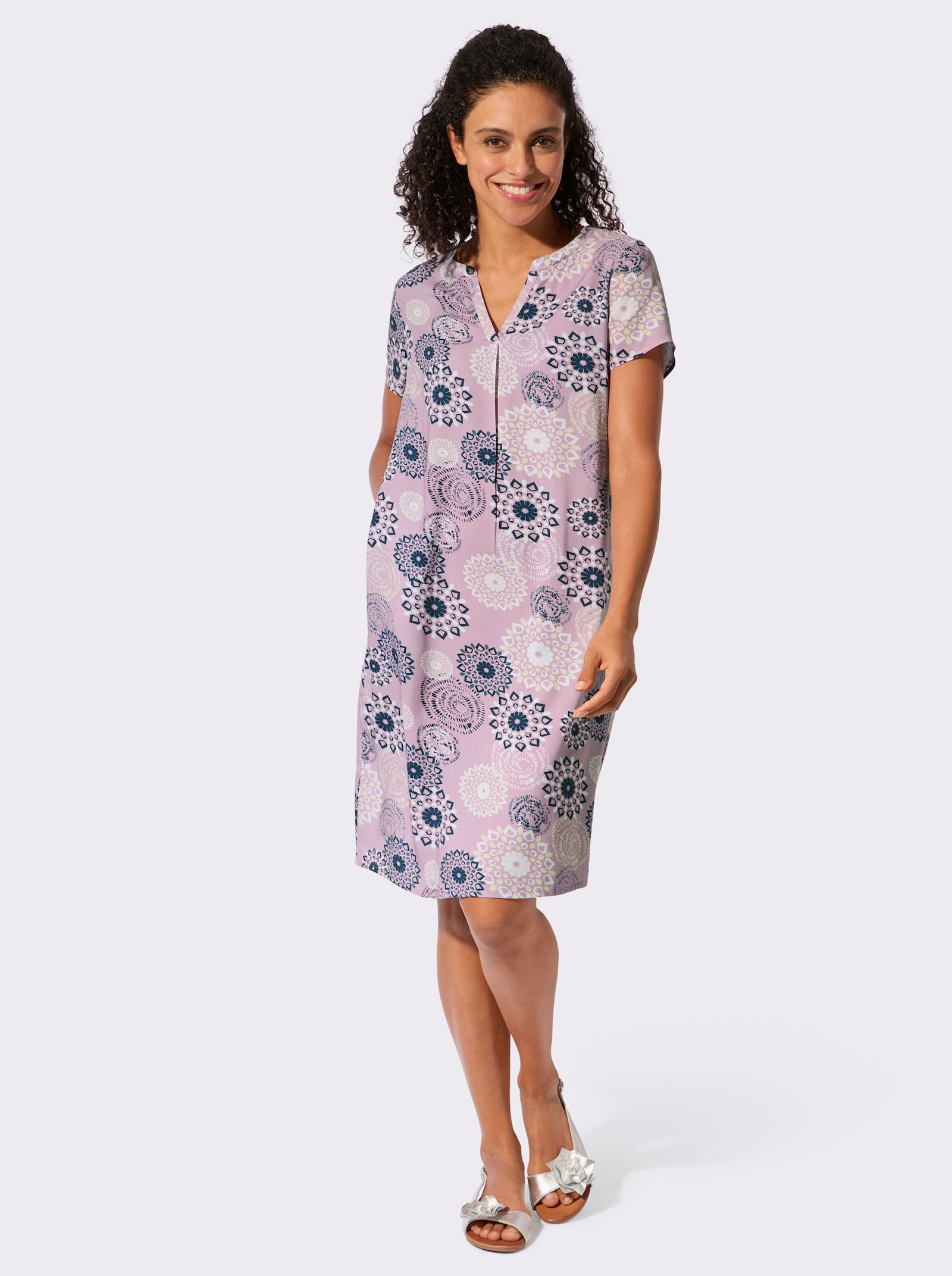 Webkleid in ornamentalem Dessin - mauve-dunkelblau-bedruckt