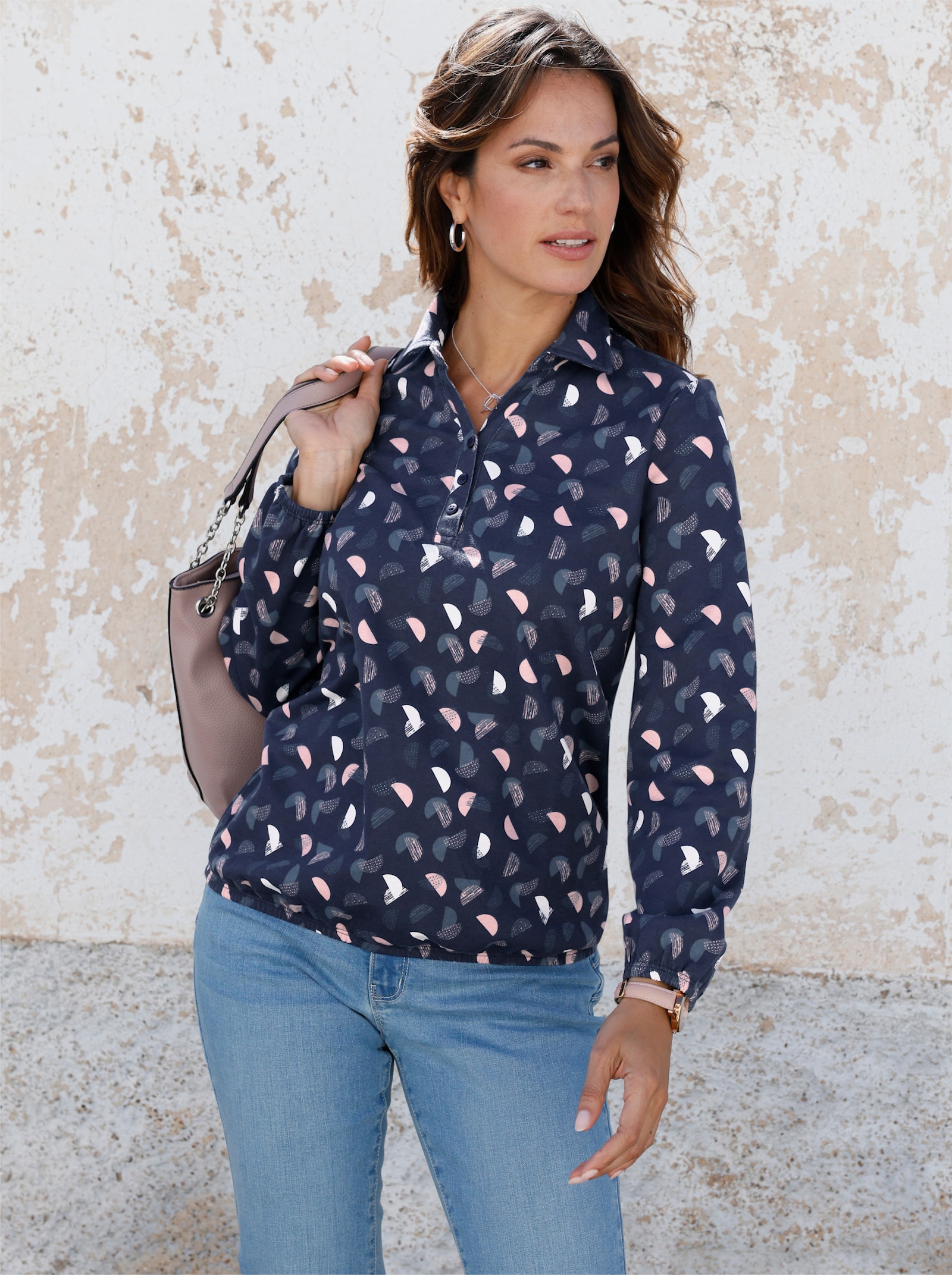 Langarm-Poloshirt mit kurzer Knopfleiste - marine-hortensie-bedruckt