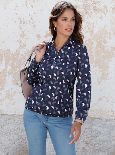 Langarm-Poloshirt mit kurzer Knopfleiste - marine-hortensie-bedruckt