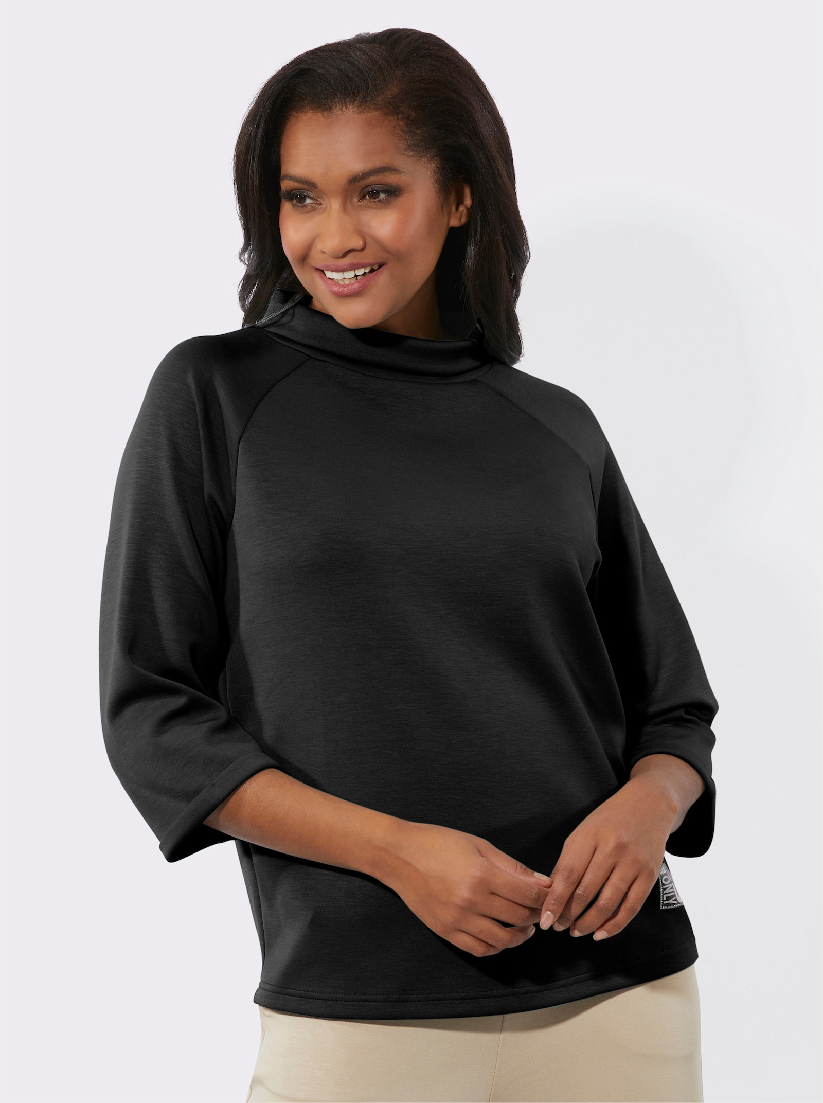 3/4-Arm-Shirt mit halsfernem Rollkragen - schwarz