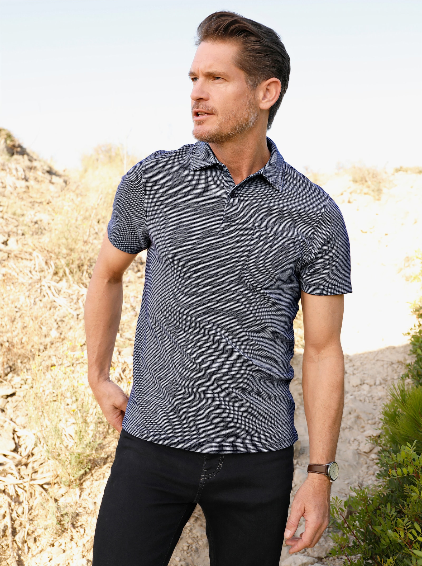 Catamaran Kurzarmshirt - marine-weiß-gemustert