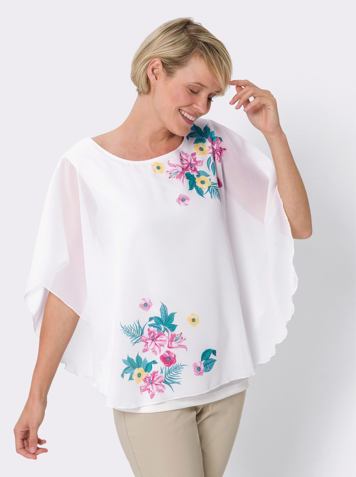 Blus i georgette - vit-rosa, med tryck