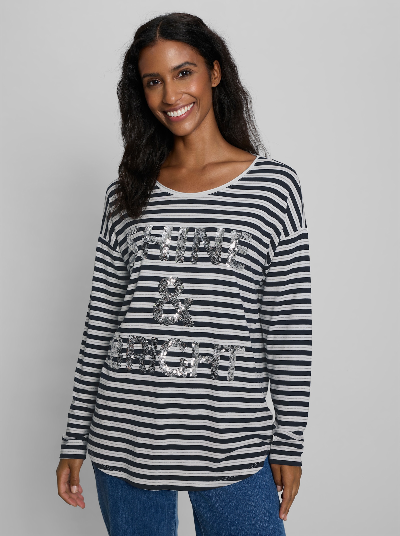 heine Ringelshirt mit Pailletten-Schriftzug - ecru-marine-geringelt