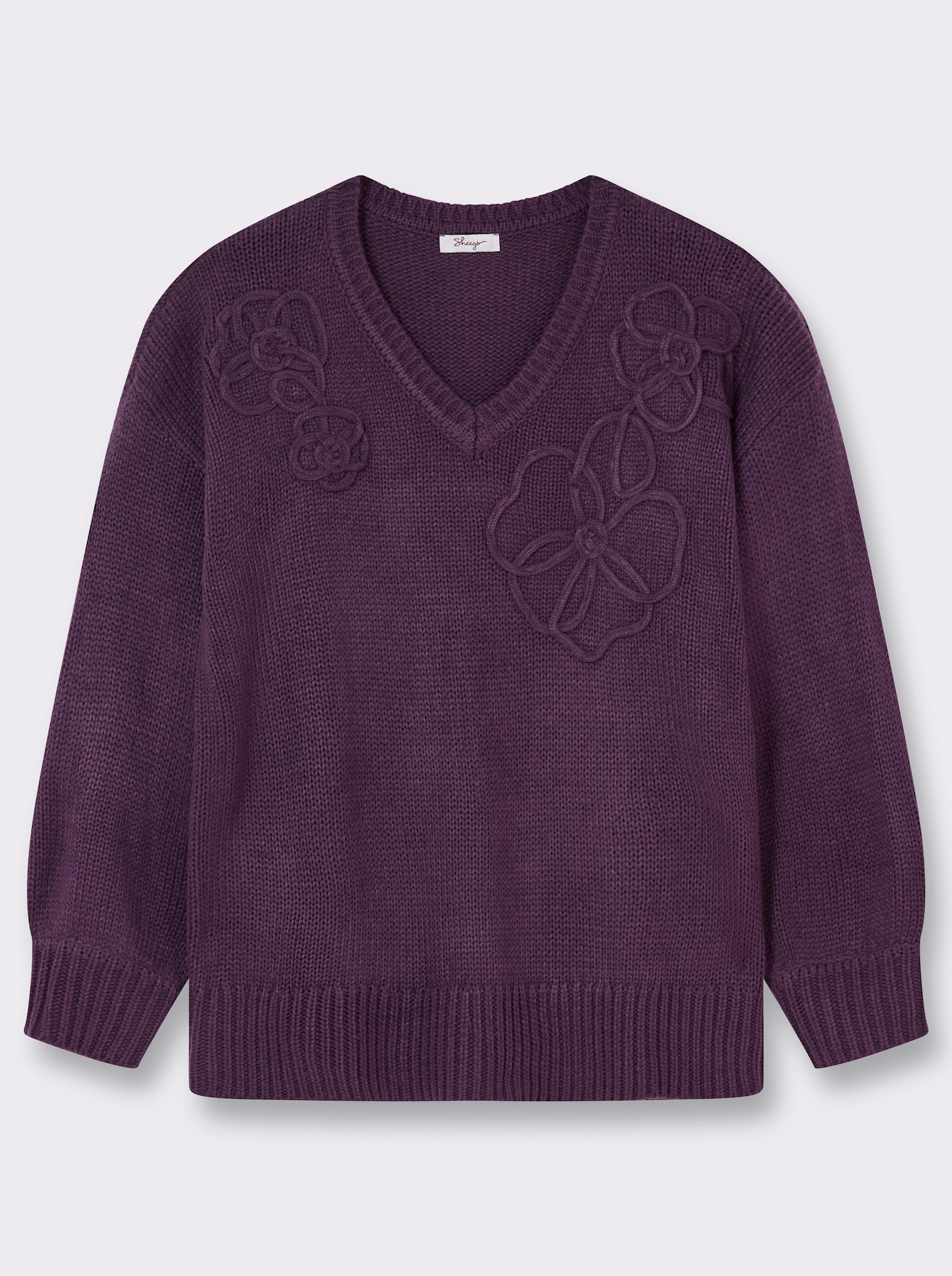 sheego V-Ausschnitt-Pullover mit Blumen-Kordelstickereien - traube