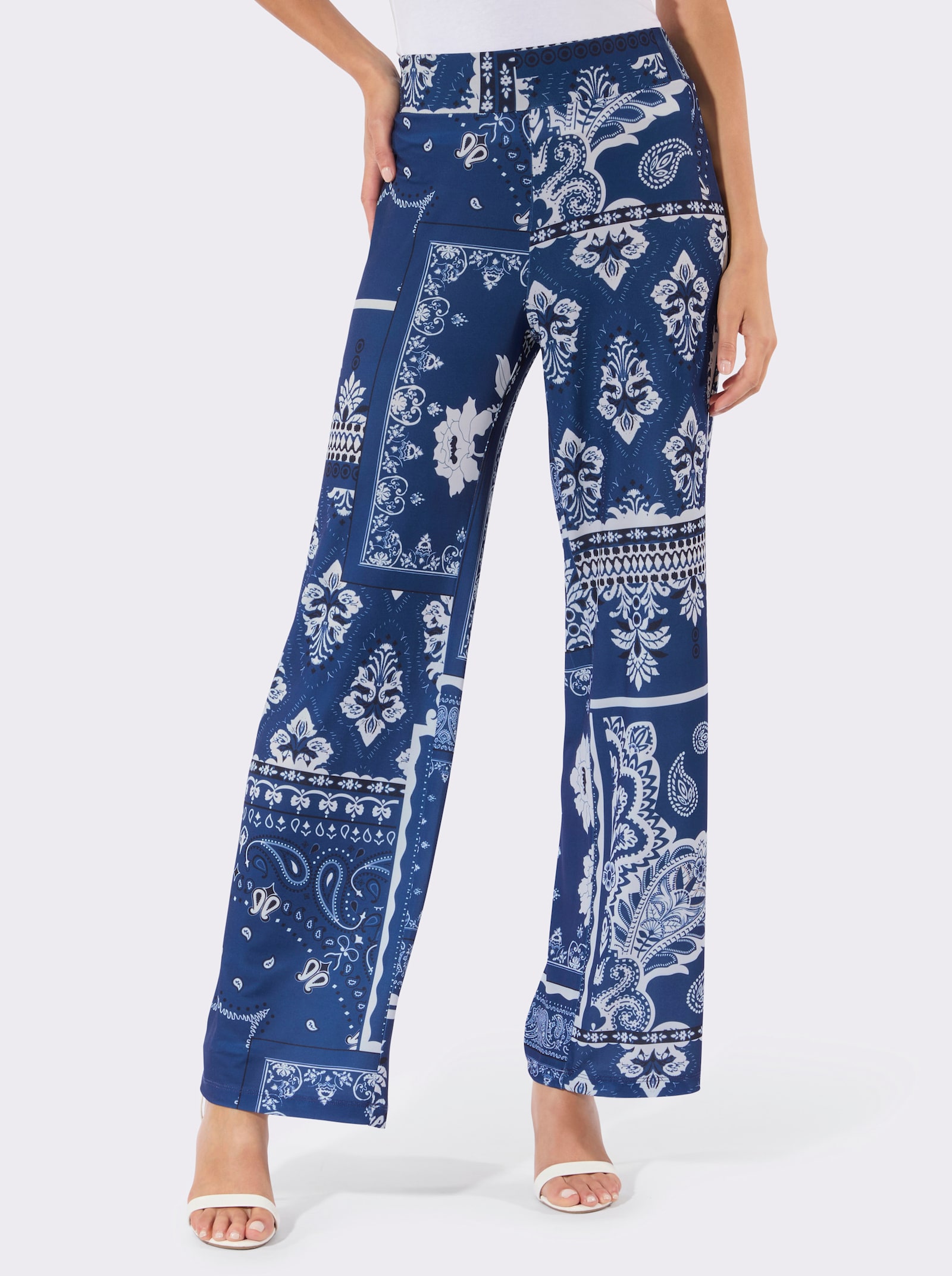 Druckhose mit Rundum-Dehnbund - royalblau-ecru-bedruckt