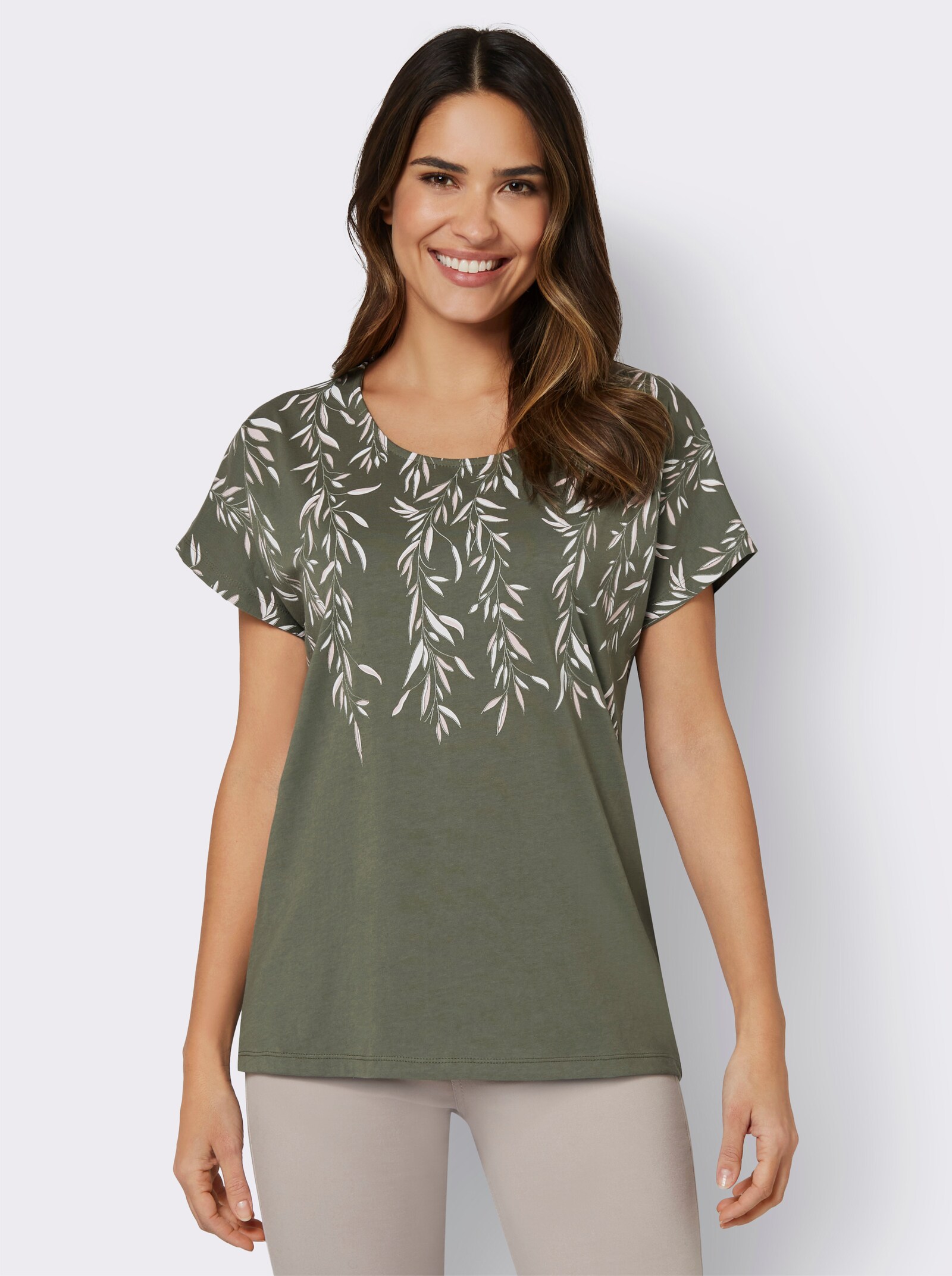  Rundhalsshirt mit Blätter-Druck - khaki-rosenquarz-bedruckt