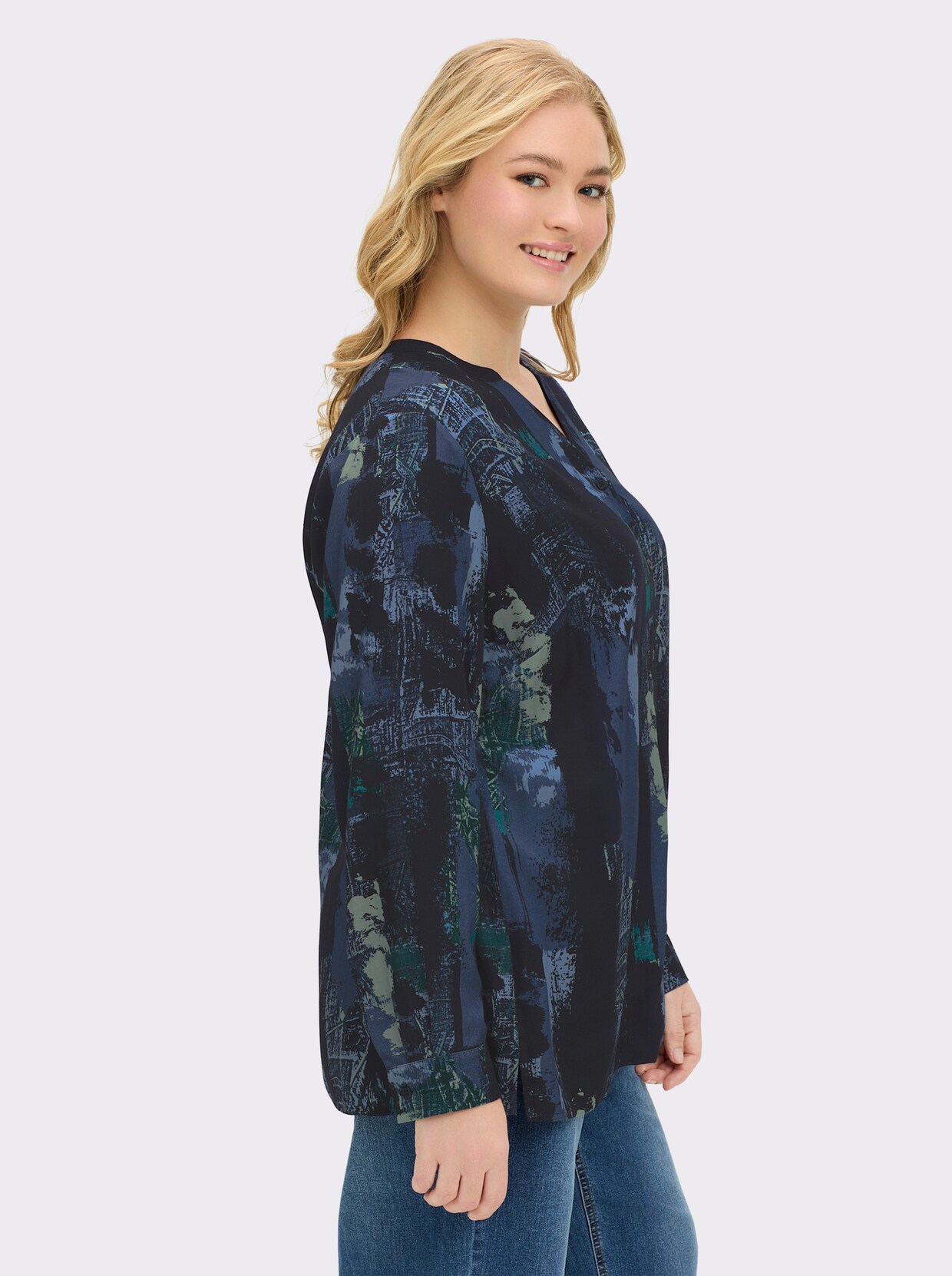 Langarmbluse aus reiner Viskose, bedruckt - ecru-dunkelblau-bedruckt