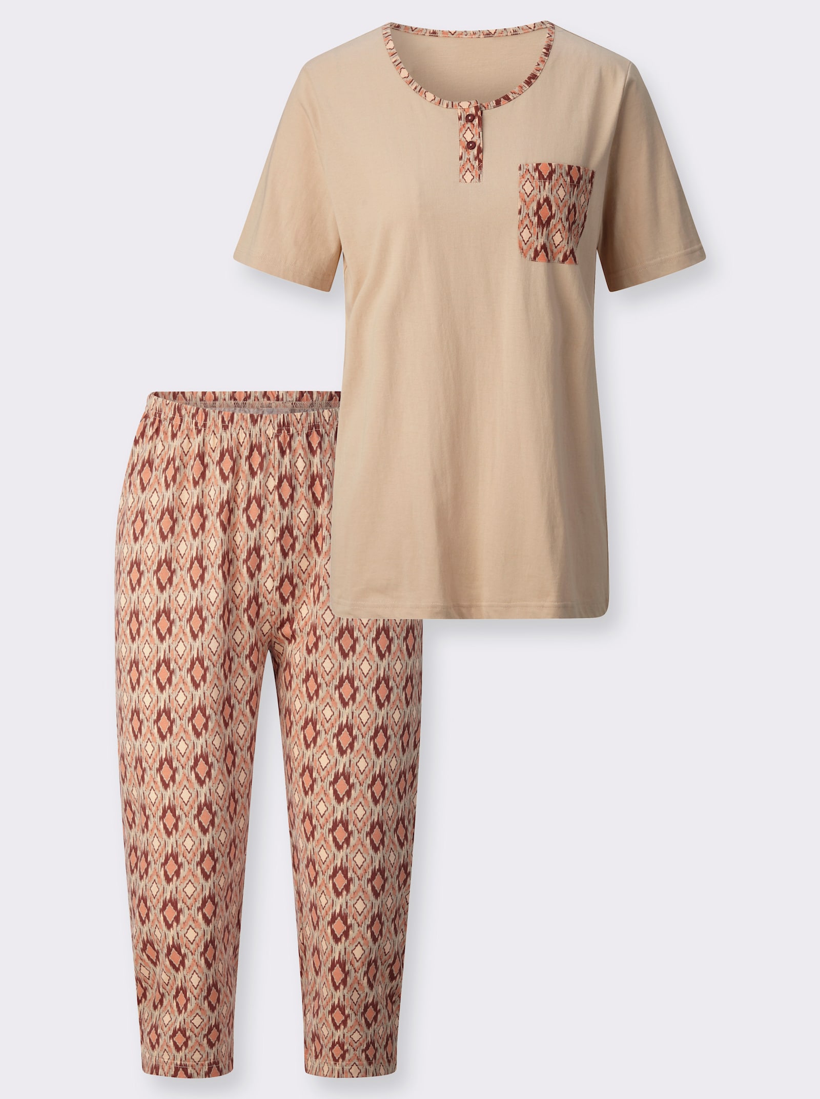 Capri-Schlafanzug mit Brusttasche - beige-papaya-bedruckt
