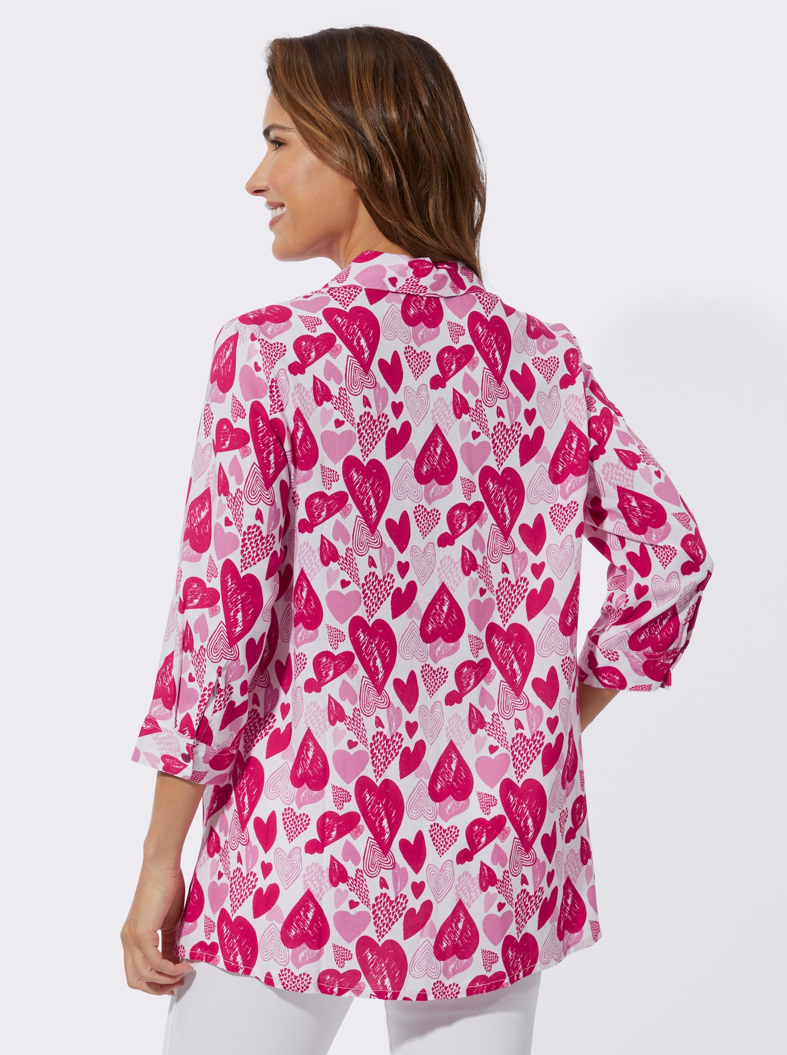 Lange blouse in hartdessin - wit/roze bedrukt