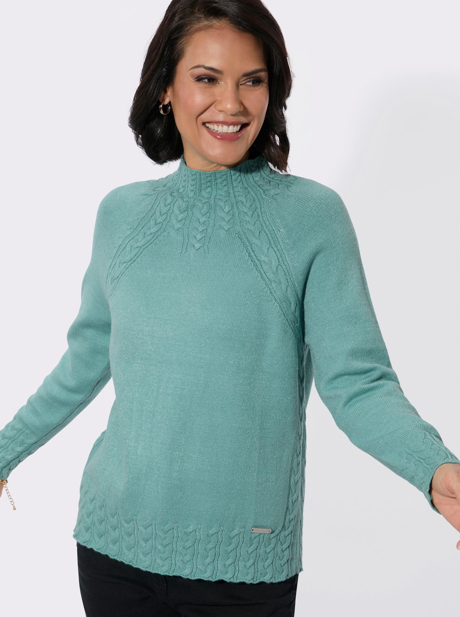 Stehkragenpullover mit Zopfmuster vorn - salbei