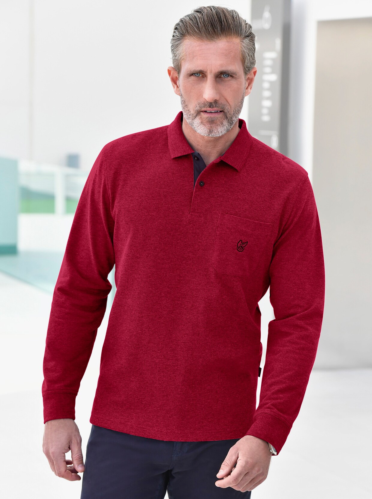 Langarm-Poloshirt - dunkelrot