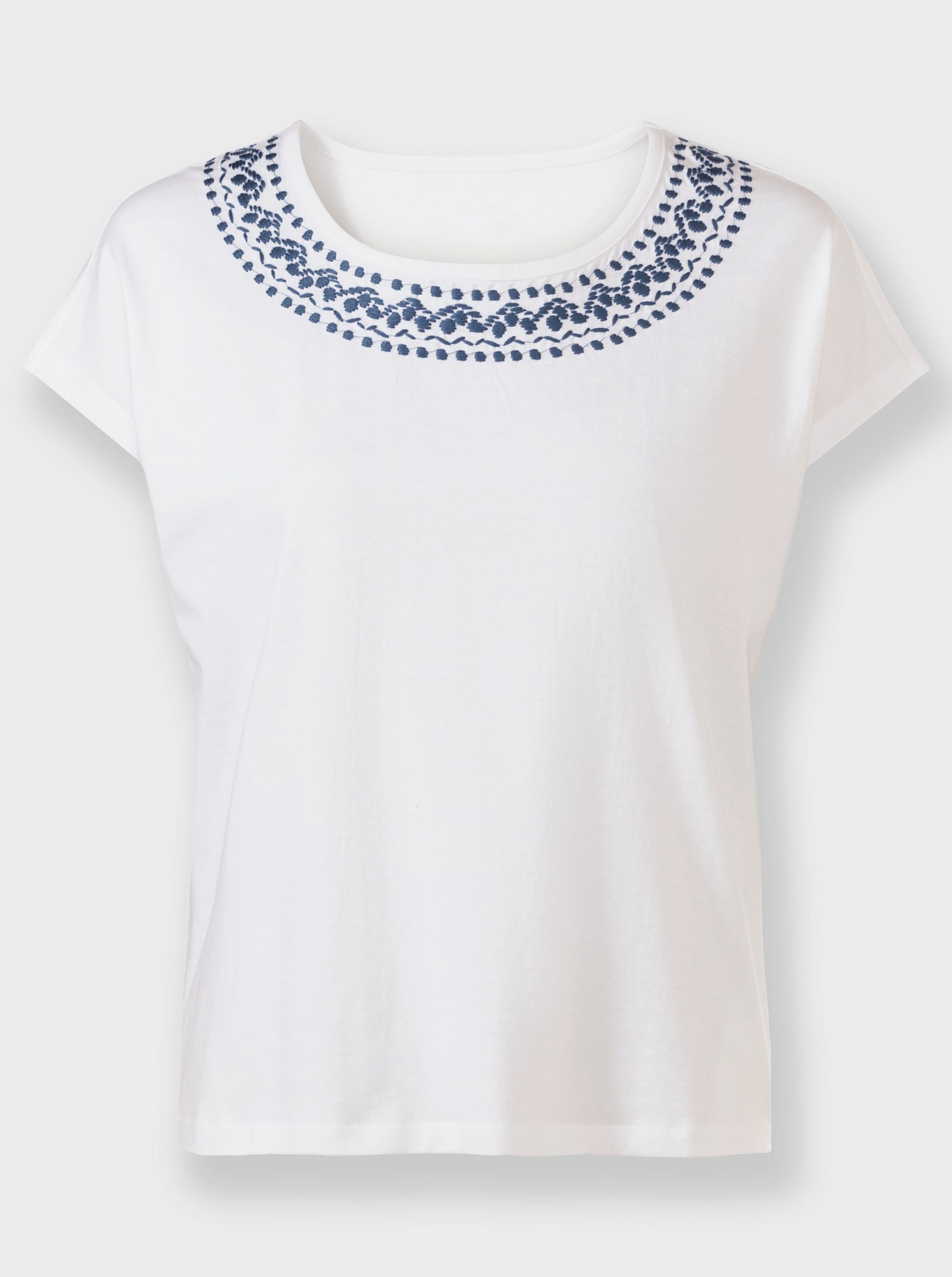 Shirt met ronde hals met contrasterend borduursel - wit/jeansblauw