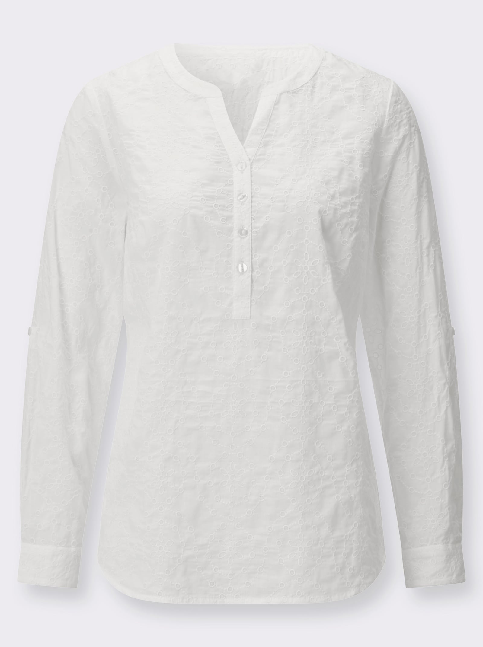 Baumwollbluse mit Stickerei rundum - weiß