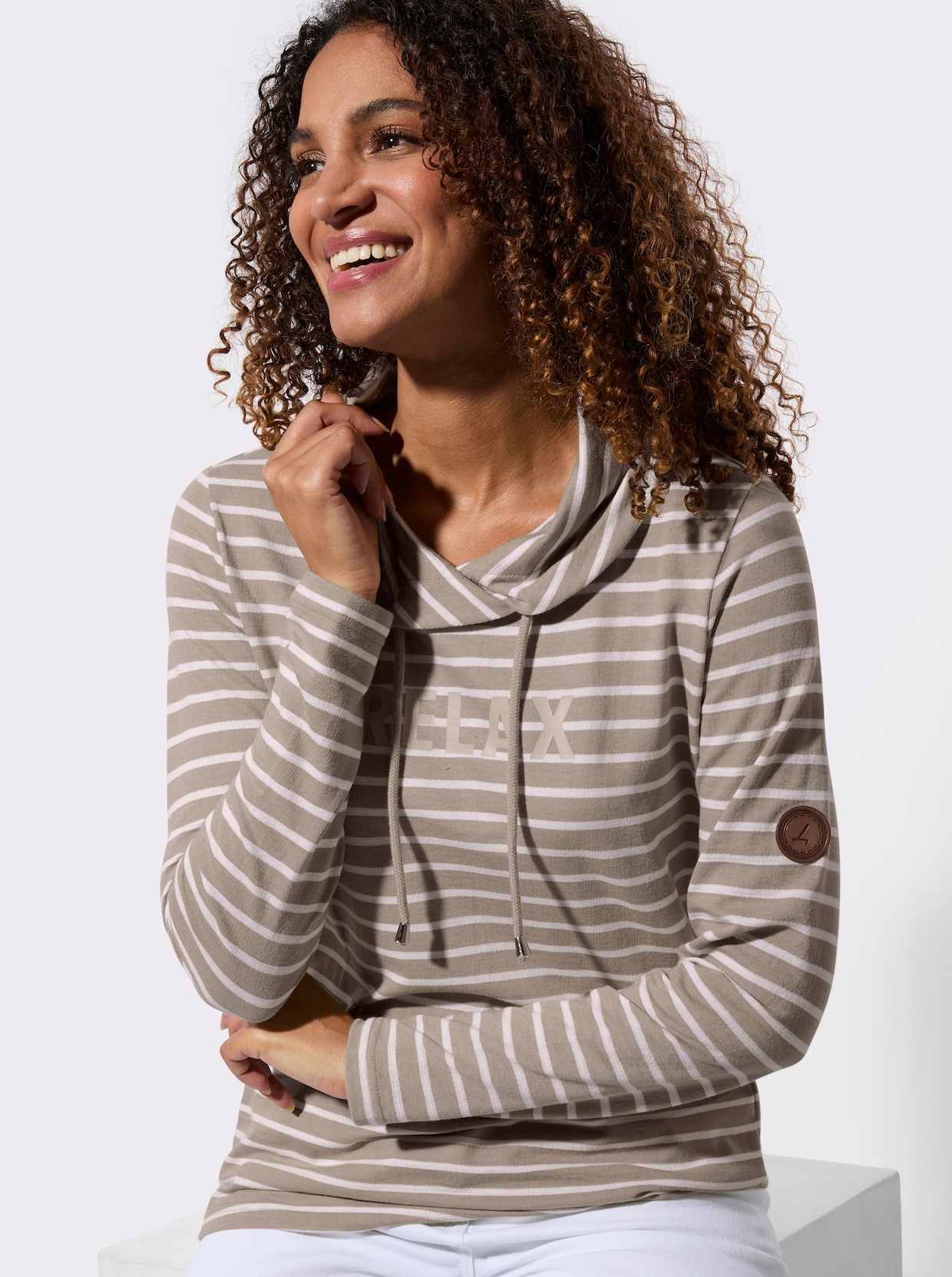 Sweatshirt - taupe-weiß-geringelt