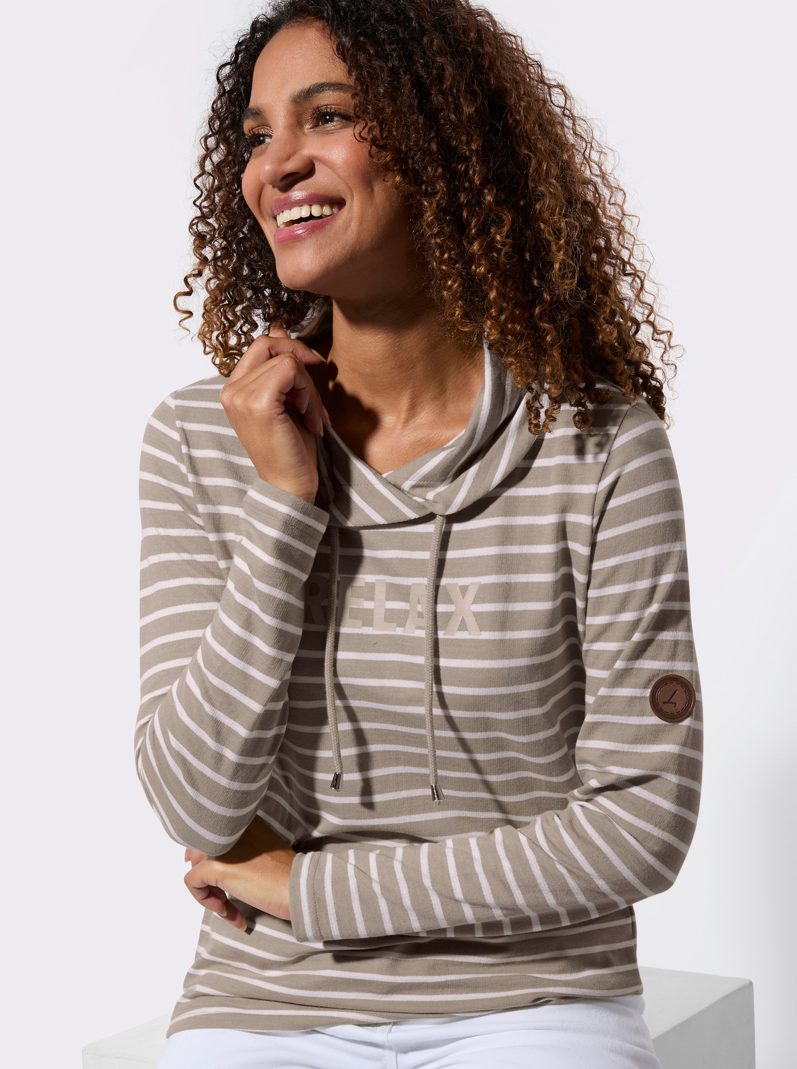 Sweatshirt mit regulierbarem Rollkragen - taupe-weiß-geringelt