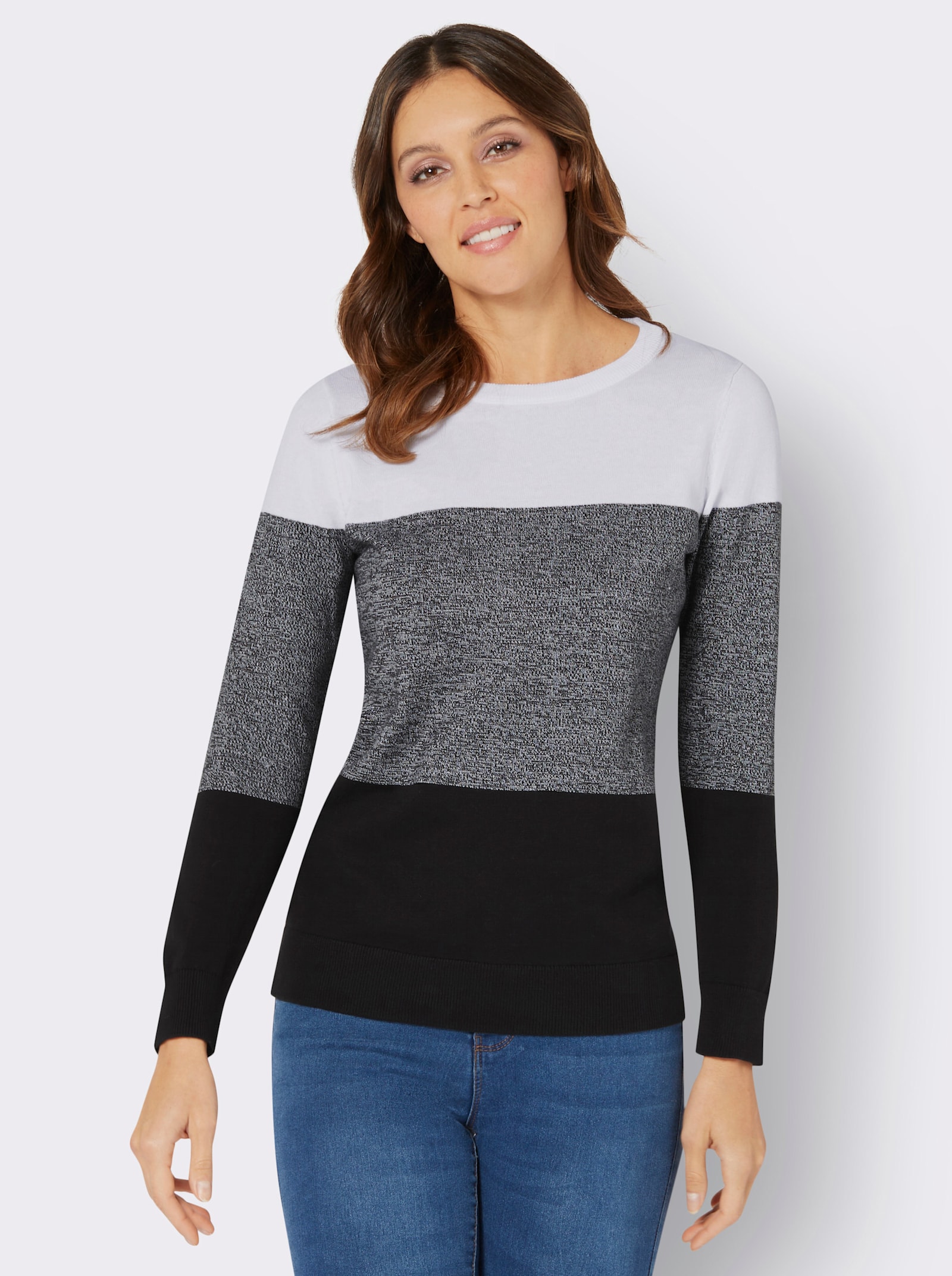 Langarm-Pullover in Blockstreifen-Optik - weiß-schwarz-gemustert