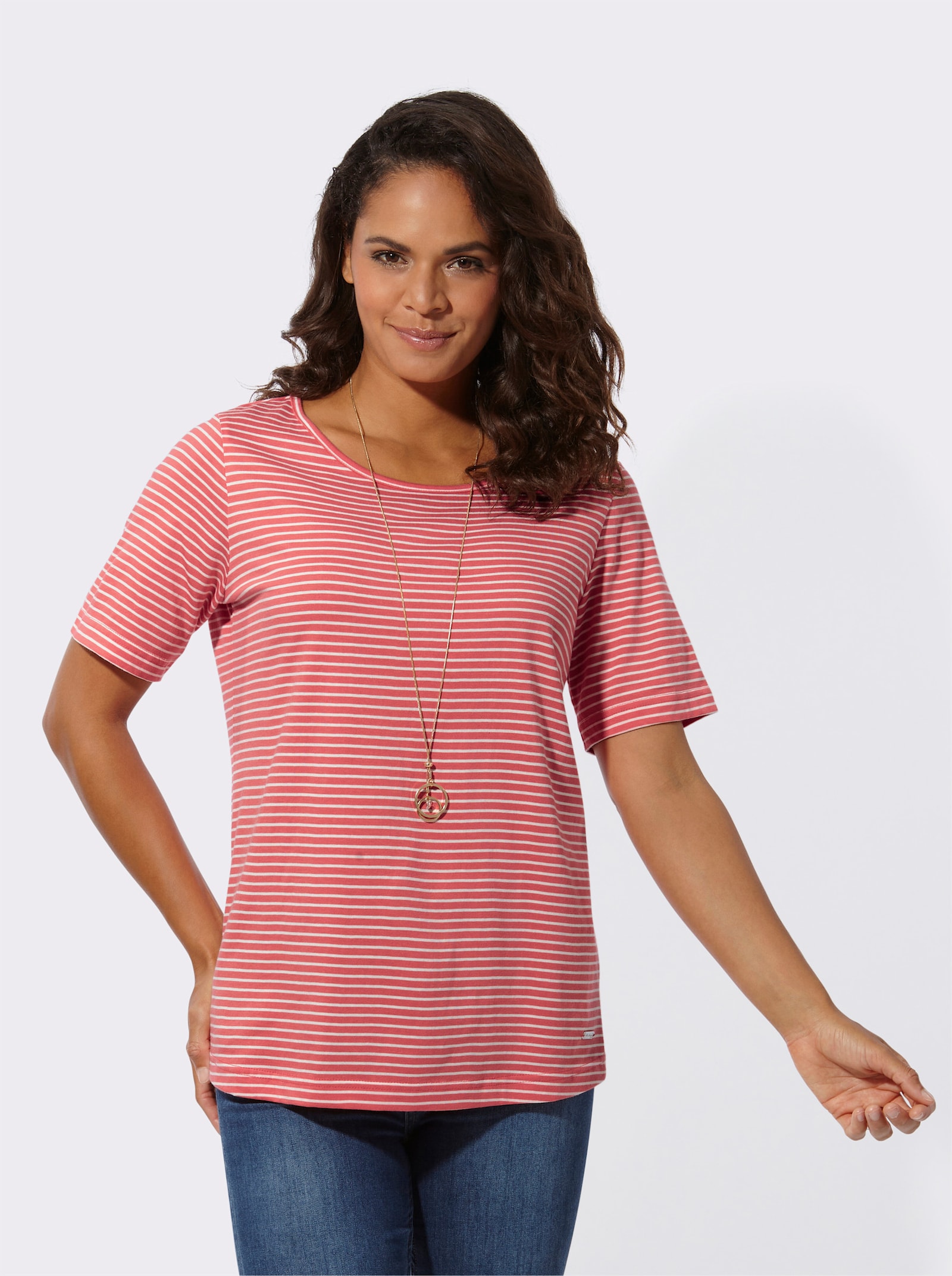 Ringelshirt mit kurzen Ärmeln - koralle-ecru-geringelt