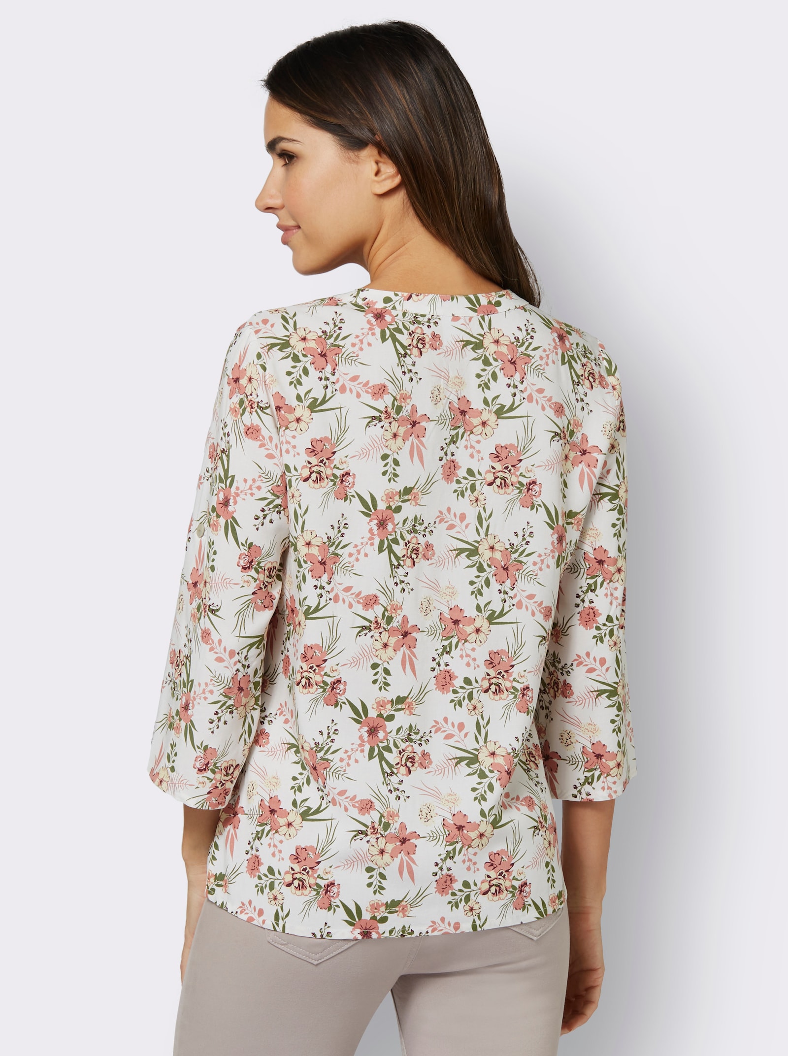Blouse met print en korte knoopsluiting - ecru/kaki geprint