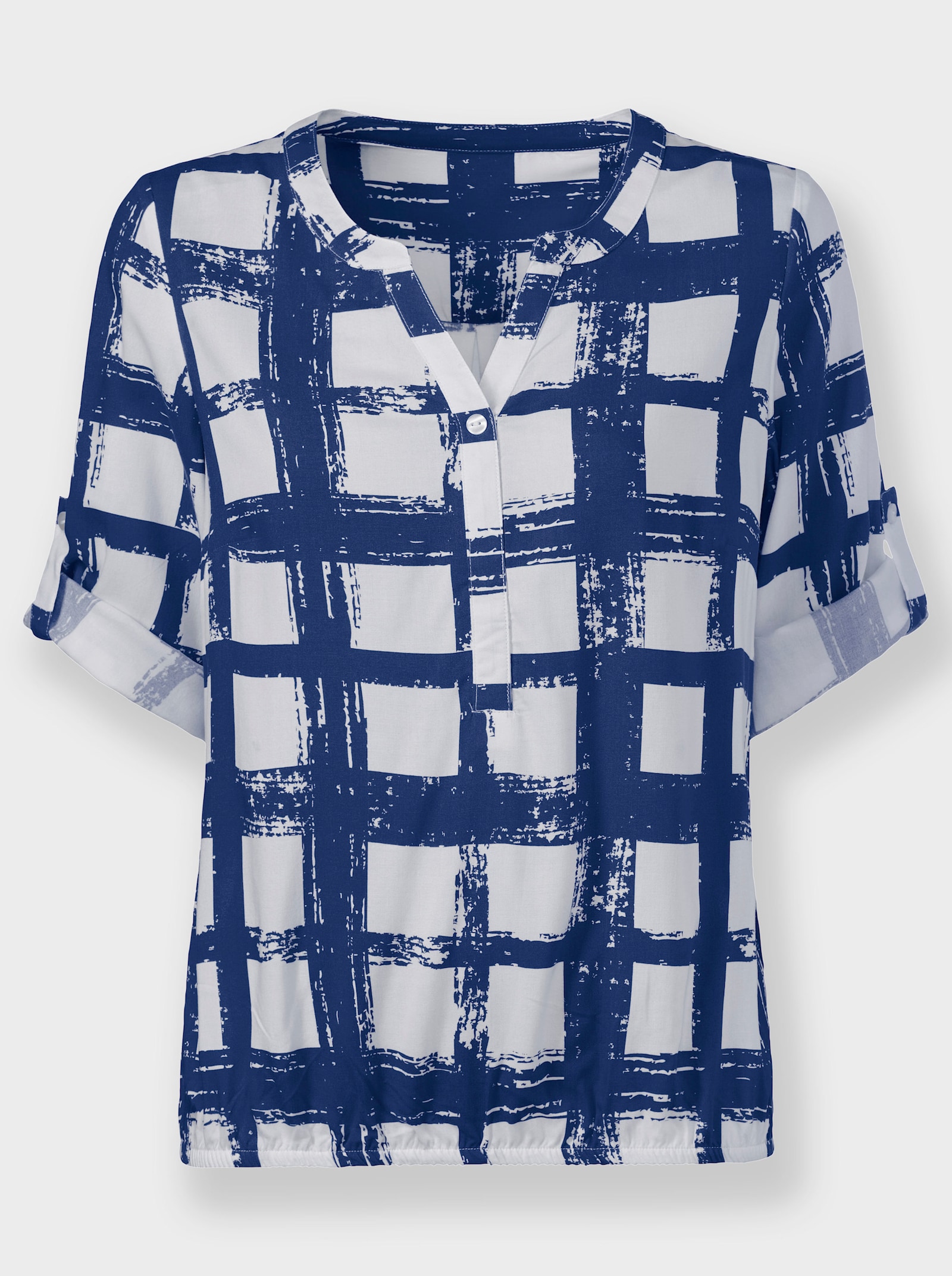 Schlupfbluse mit Krempelärmeln - royalblau-weiss-bedruckt