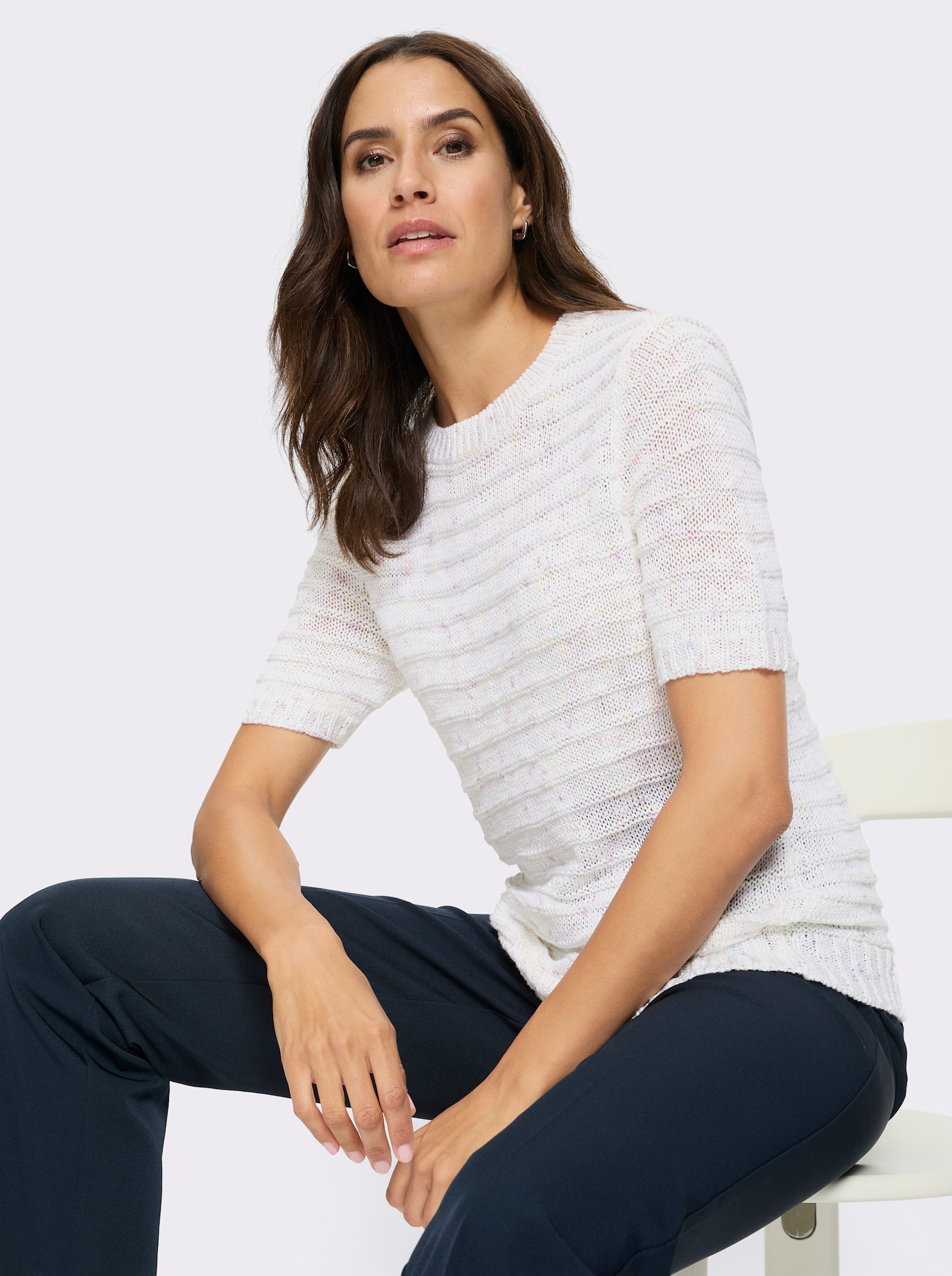 Kurzarmpullover in Rippenstruktur - weiß-gemustert