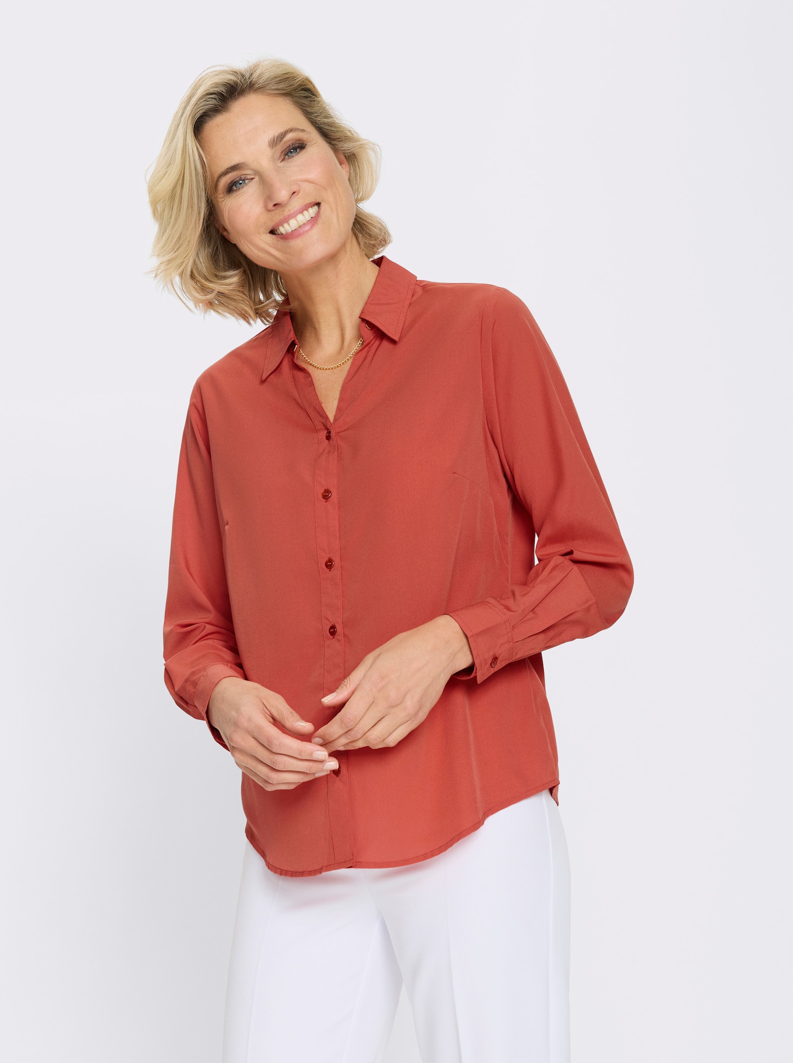 Langarmbluse mit goldfarbener Zierkette - terra