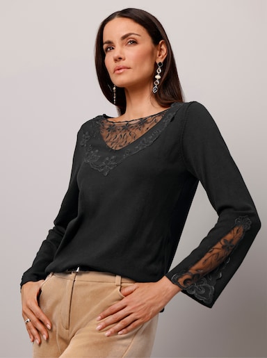 Feinstrickpullover mit Spitzen-Details - schwarz
