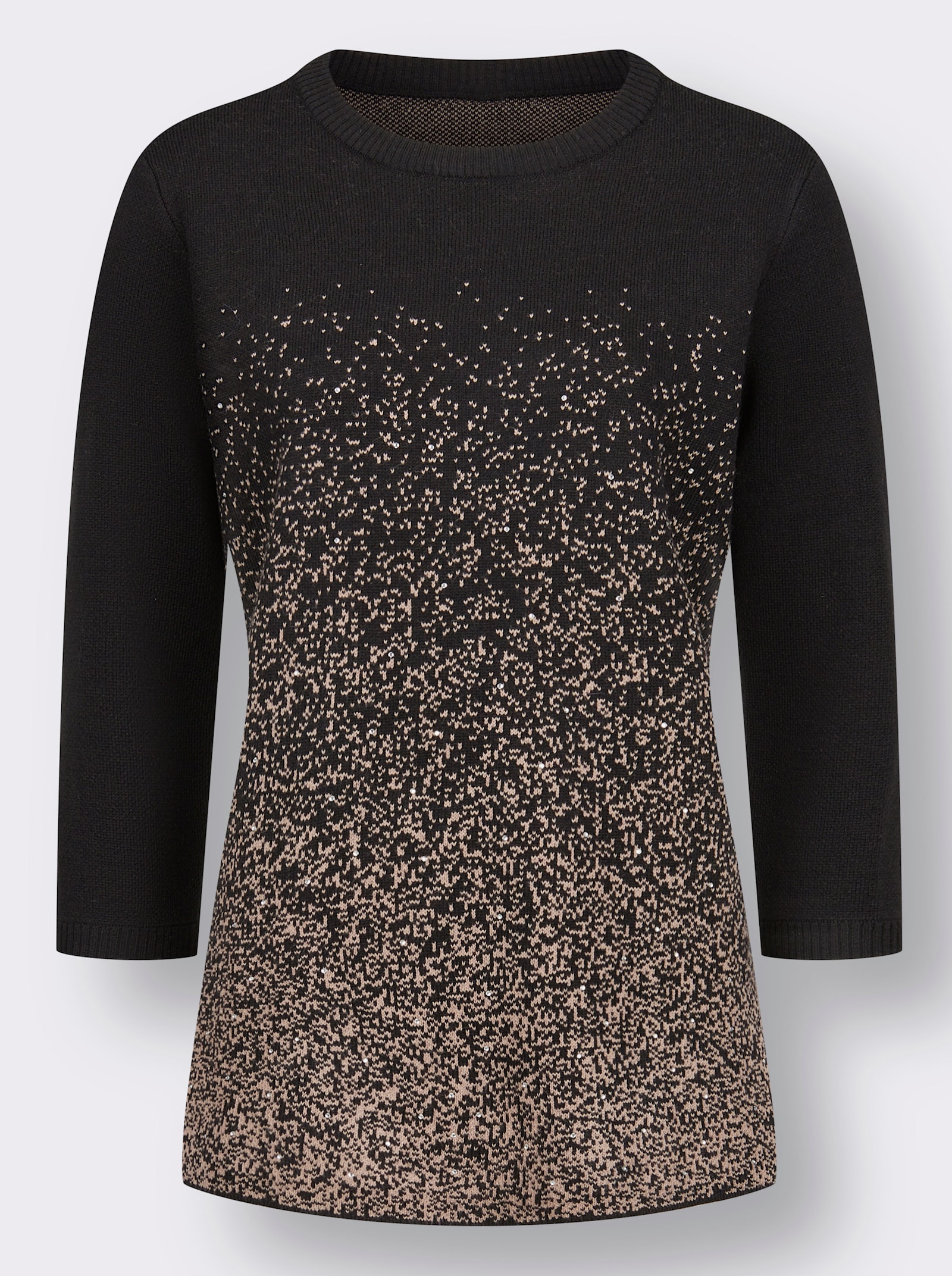 3/4 Arm-Pullover mit Glitzersteinchen - schwarz-taupe-gemustert