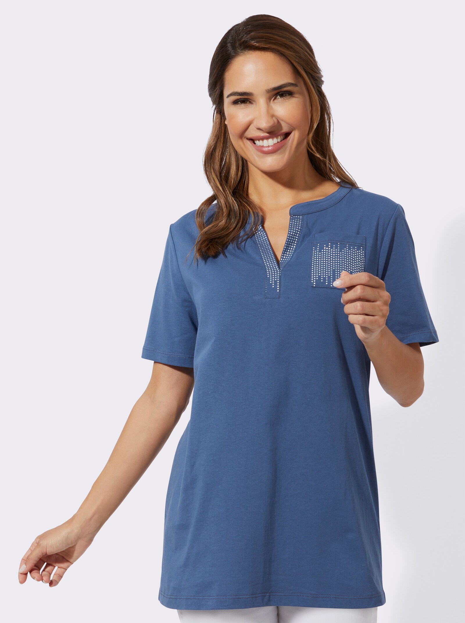 Dlouhé tričko s fóliovým potiskem - džínová modrá