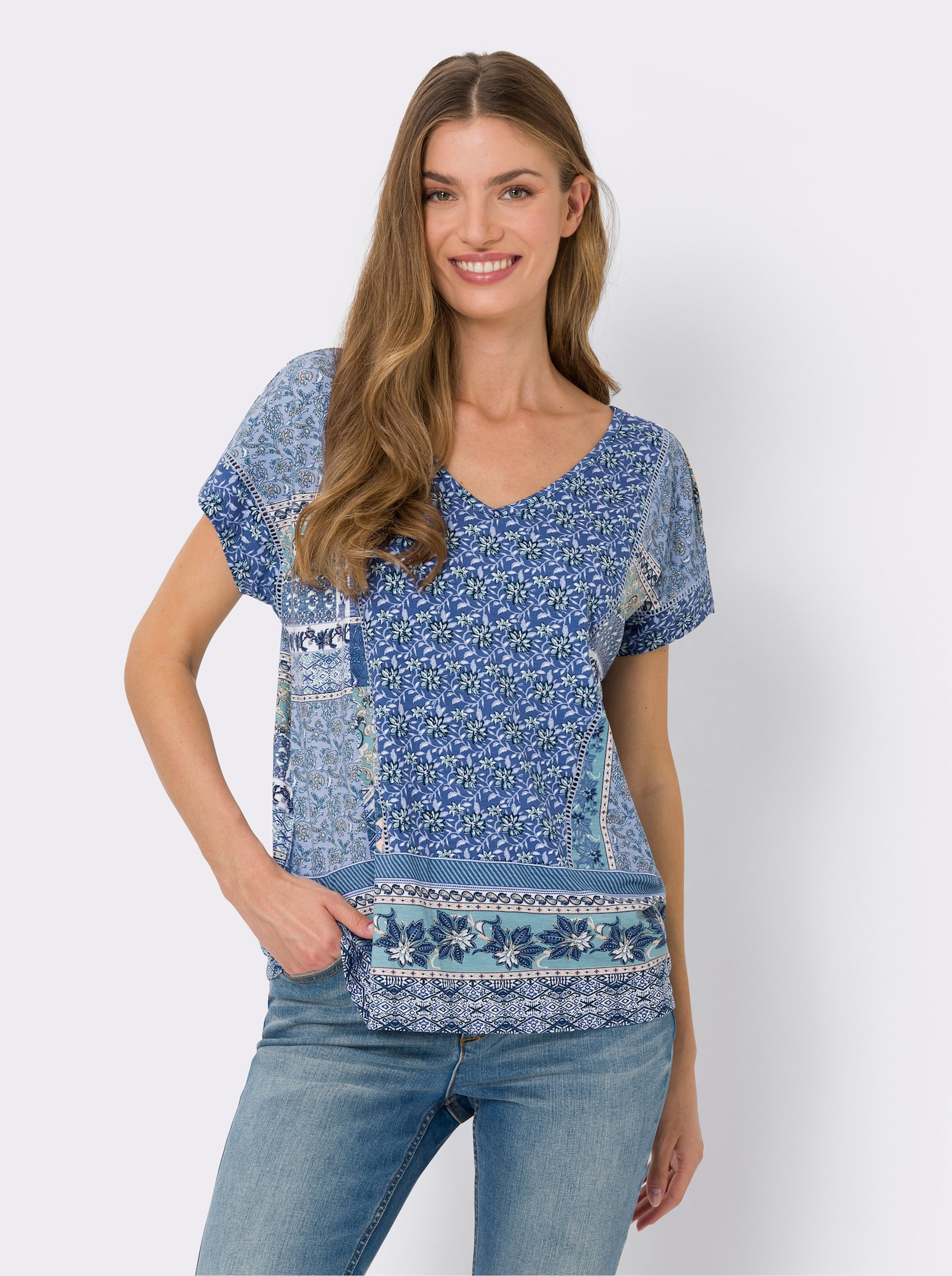 heine Kurzarmshirt in Patch-Optik - jeansblau-bleu-bedruckt