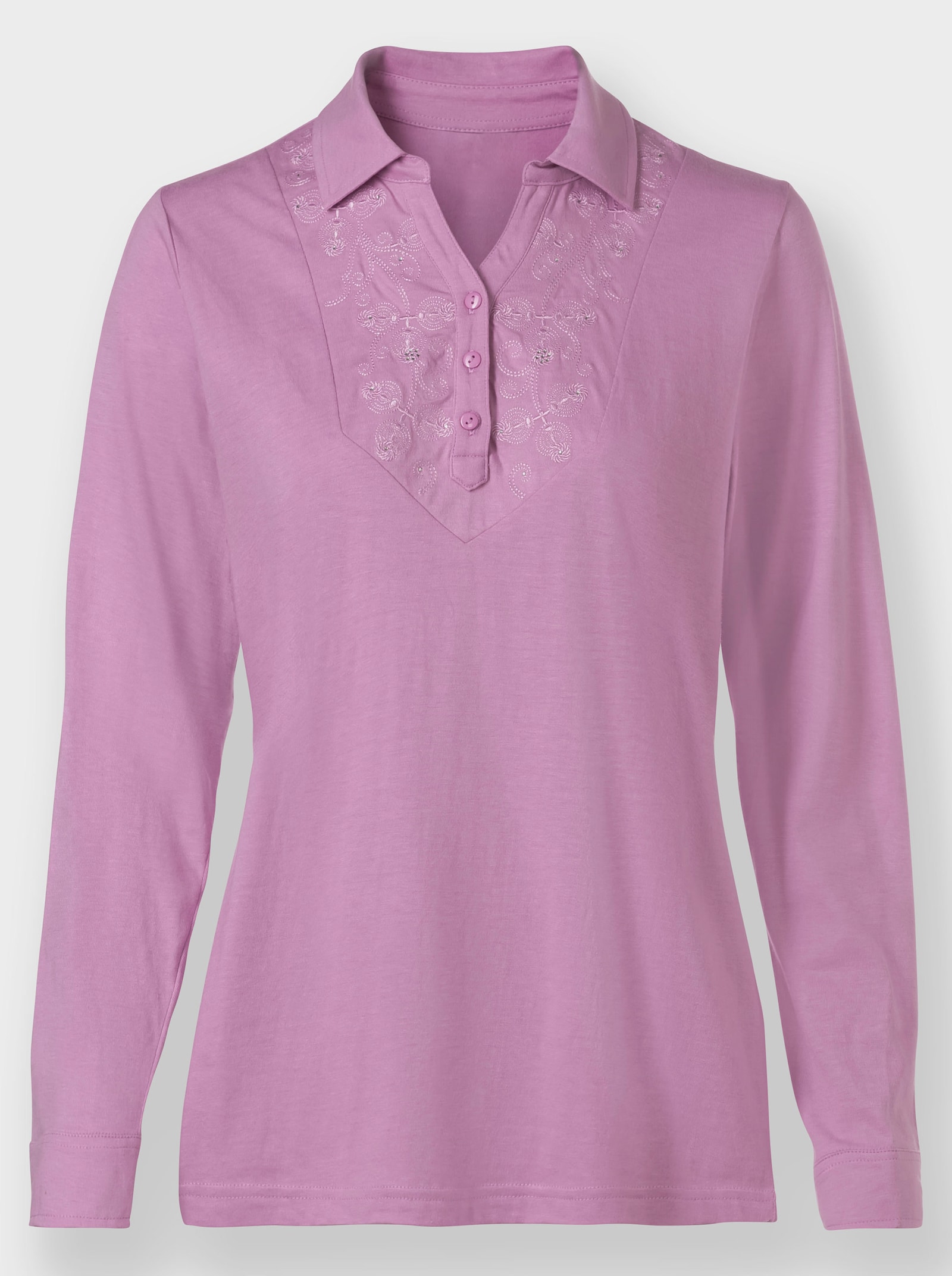 Poloshirt mit Stickerei und Ziersteinchen - orchidee