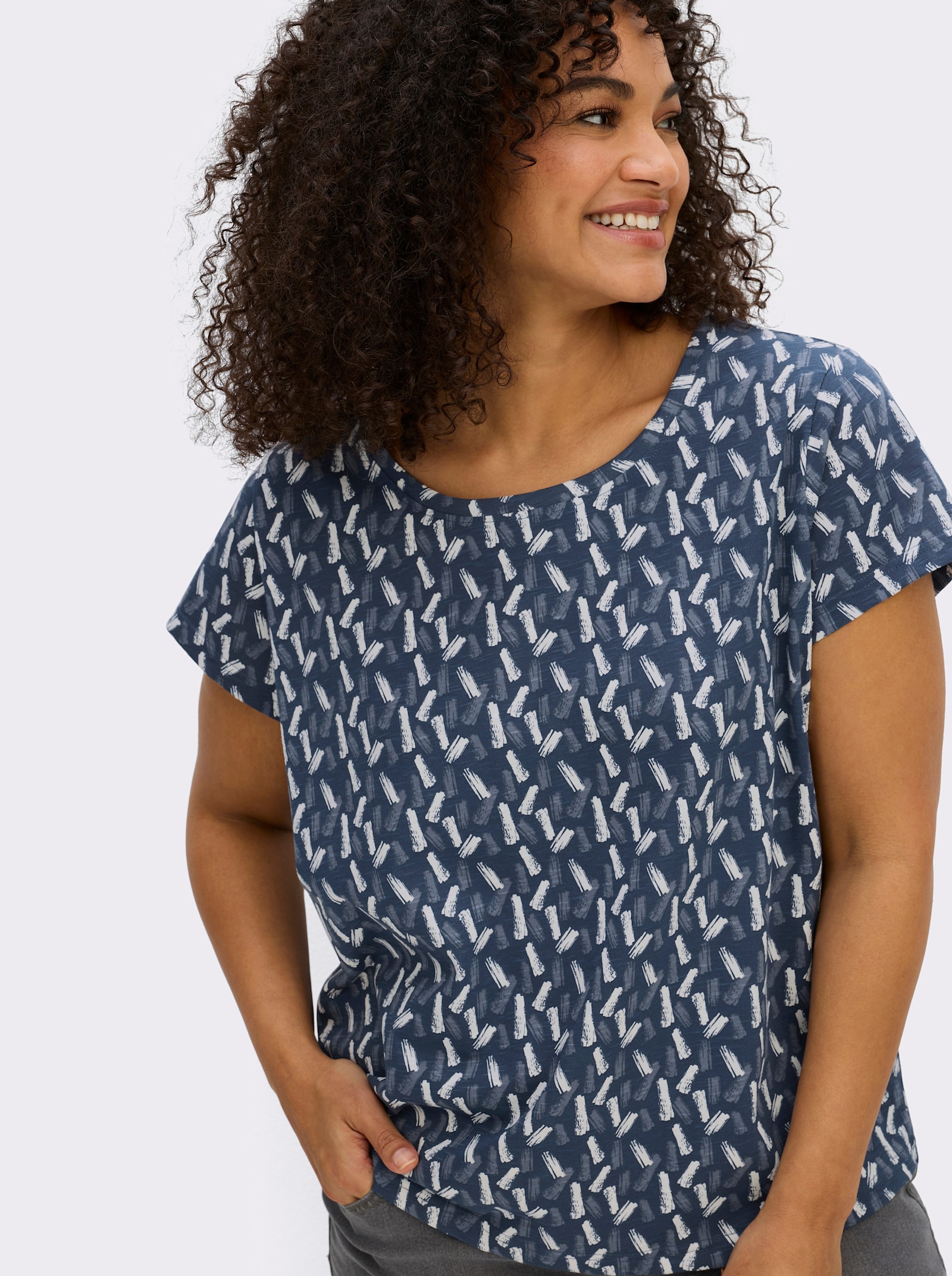 Rundhalsshirt mit Flammgarn-Struktur - dunkelblau-ecru-bedruckt