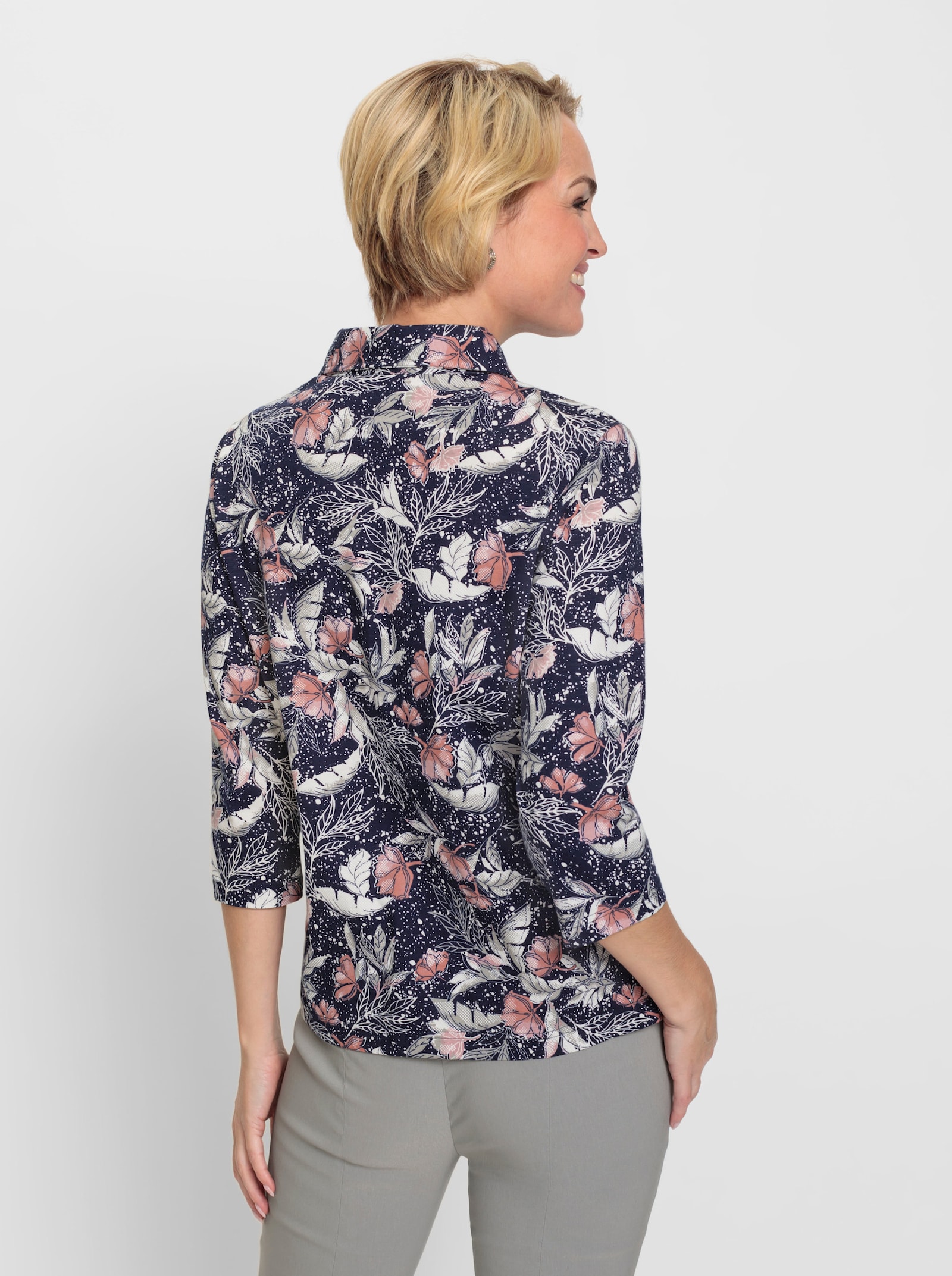 Poloshirt met gemengde bloemenprints - marine/hortensia bedrukt