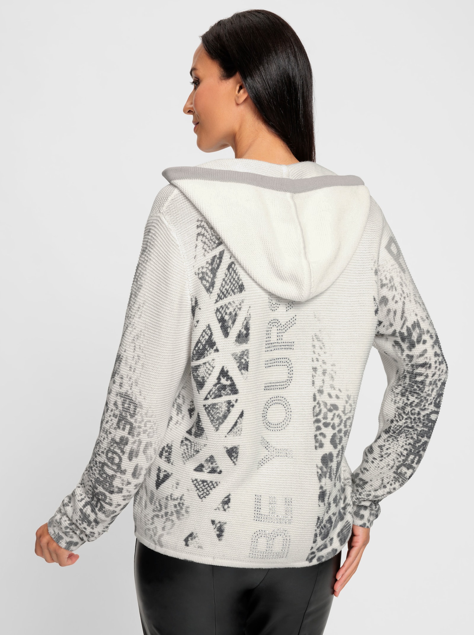 heine Kapuzenstrickjacke mit Kapuze - ecru-hellgrau-bedruckt