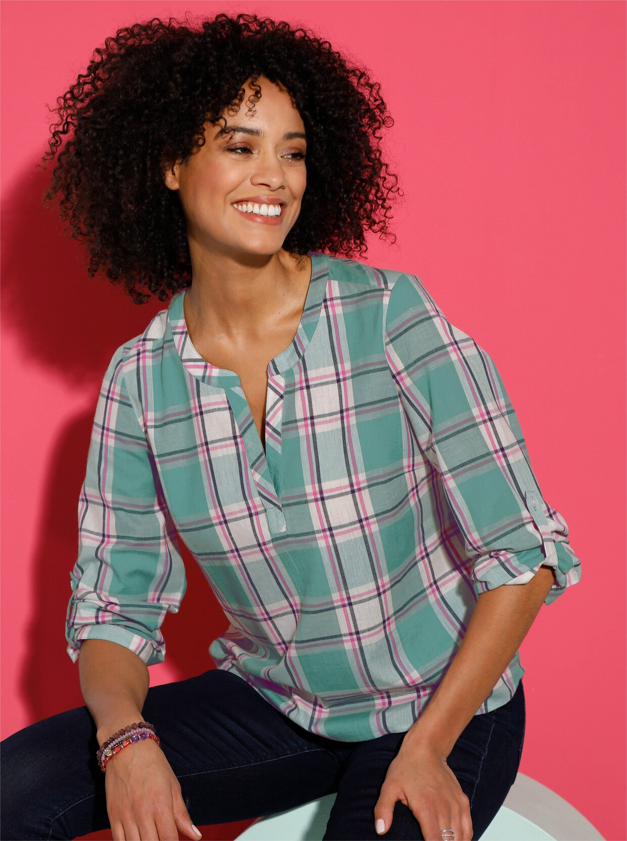 Comfortabele blouse - ecru geruit