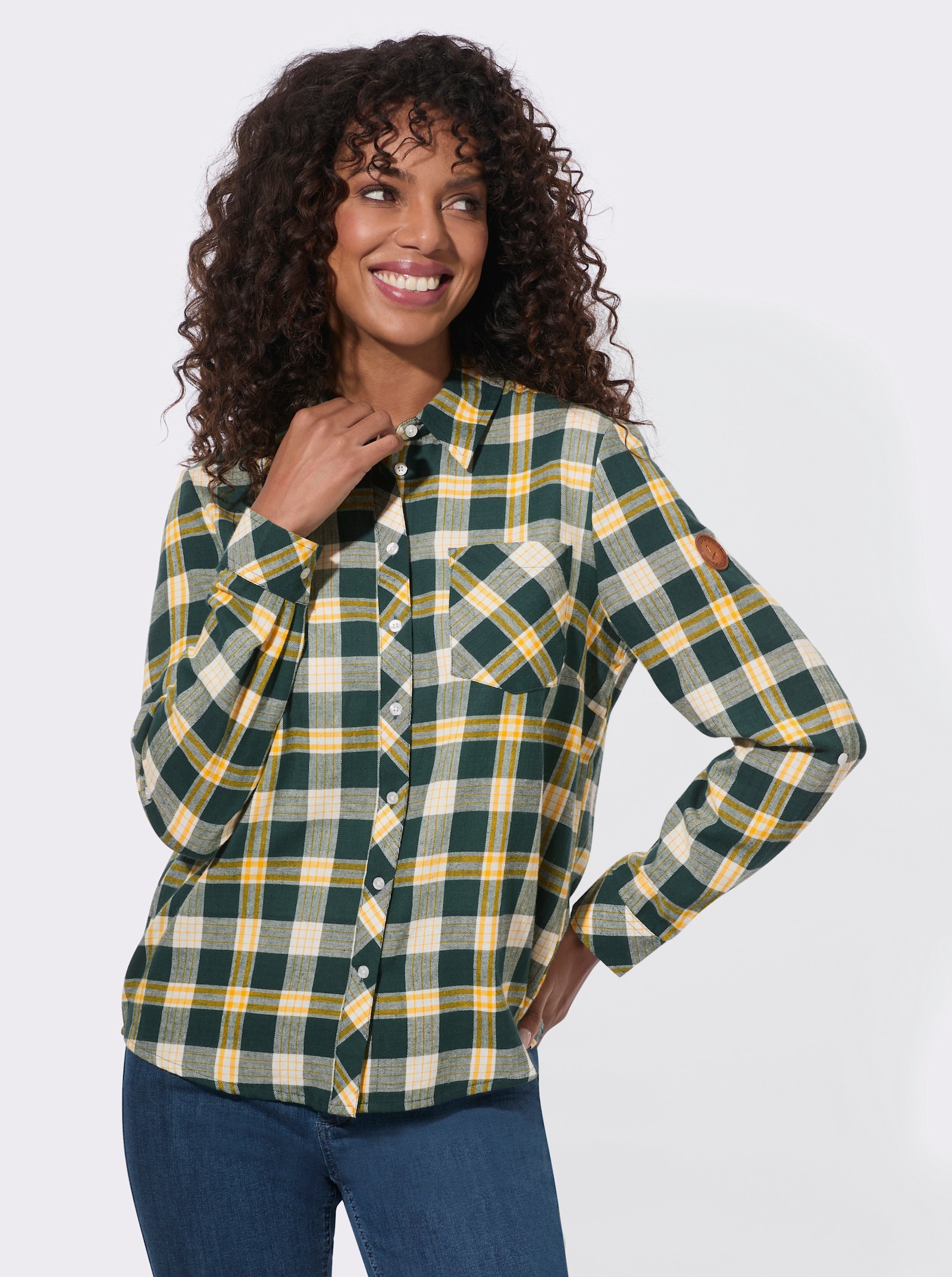  Flanellbluse mit abgerundetem Saum - moos-ecru-kariert