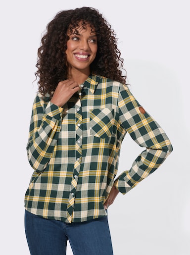  Flanellbluse mit abgerundetem Saum - moos-ecru-kariert