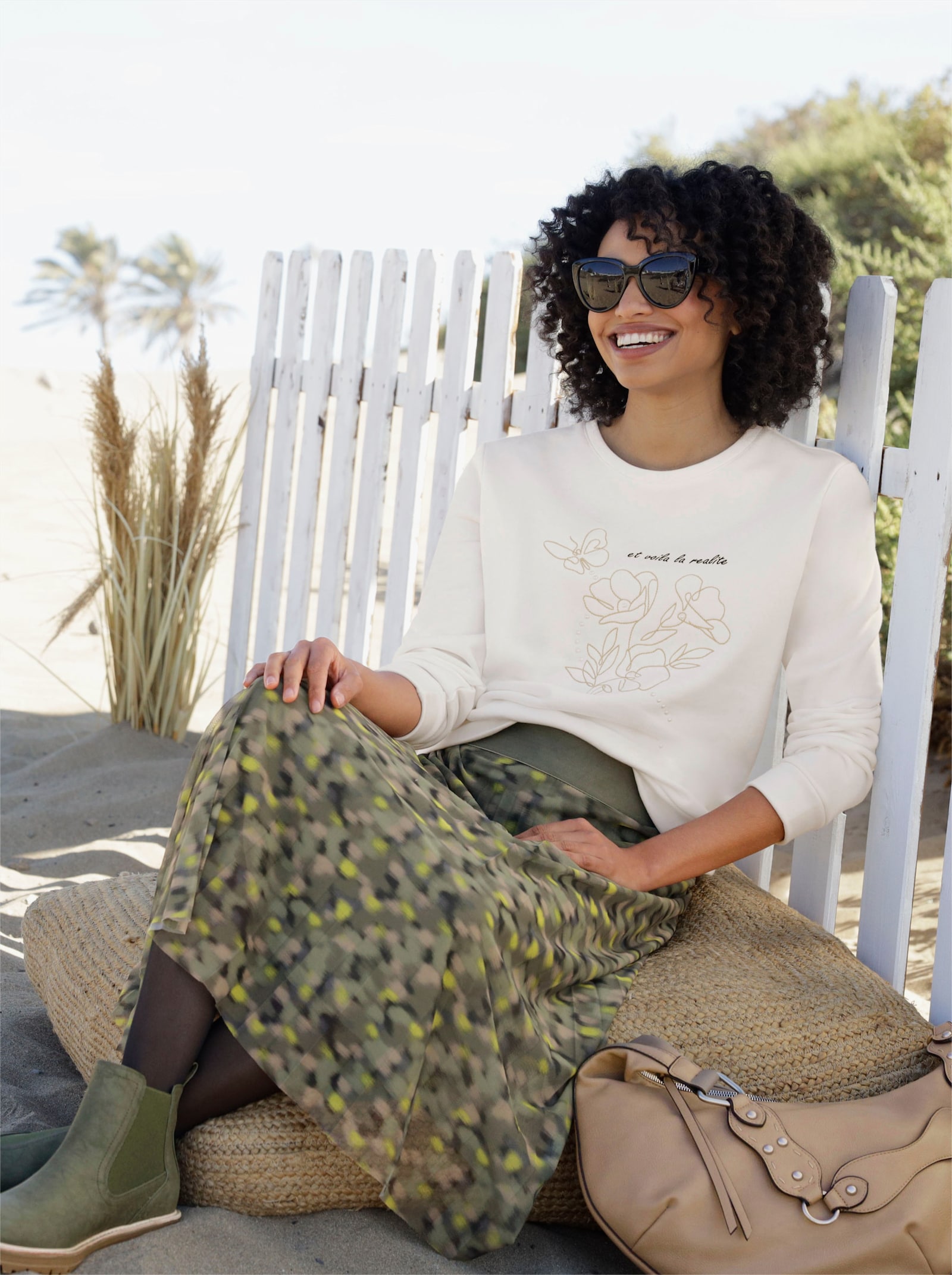 heine Plisseerock aus Meshware - khaki-beige-bedruckt