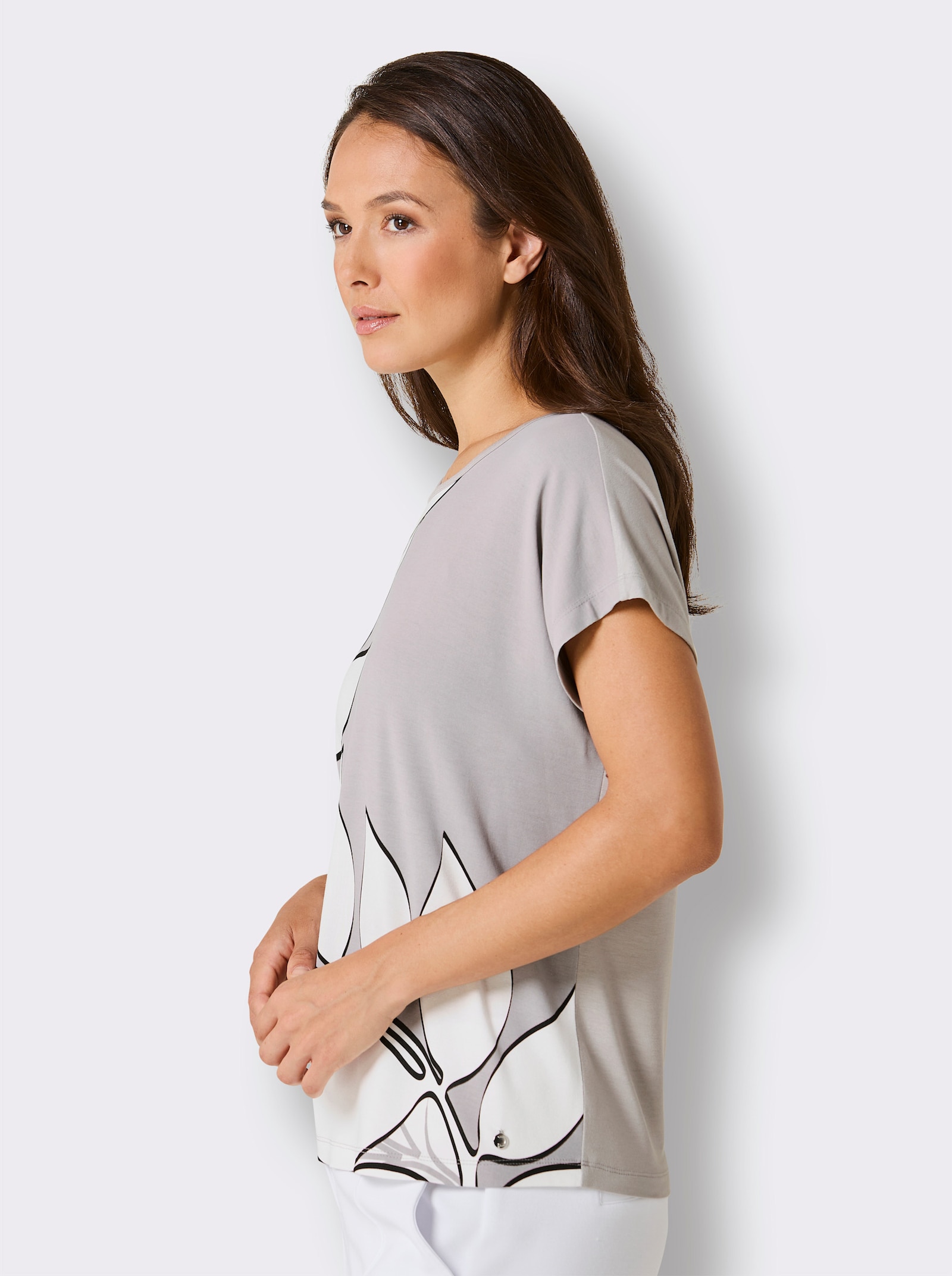 CREATION L PREMIUM Kurzarmshirt in seidig mattem Glanz, mit 95% Modal - ecru-steingrau-bedruckt